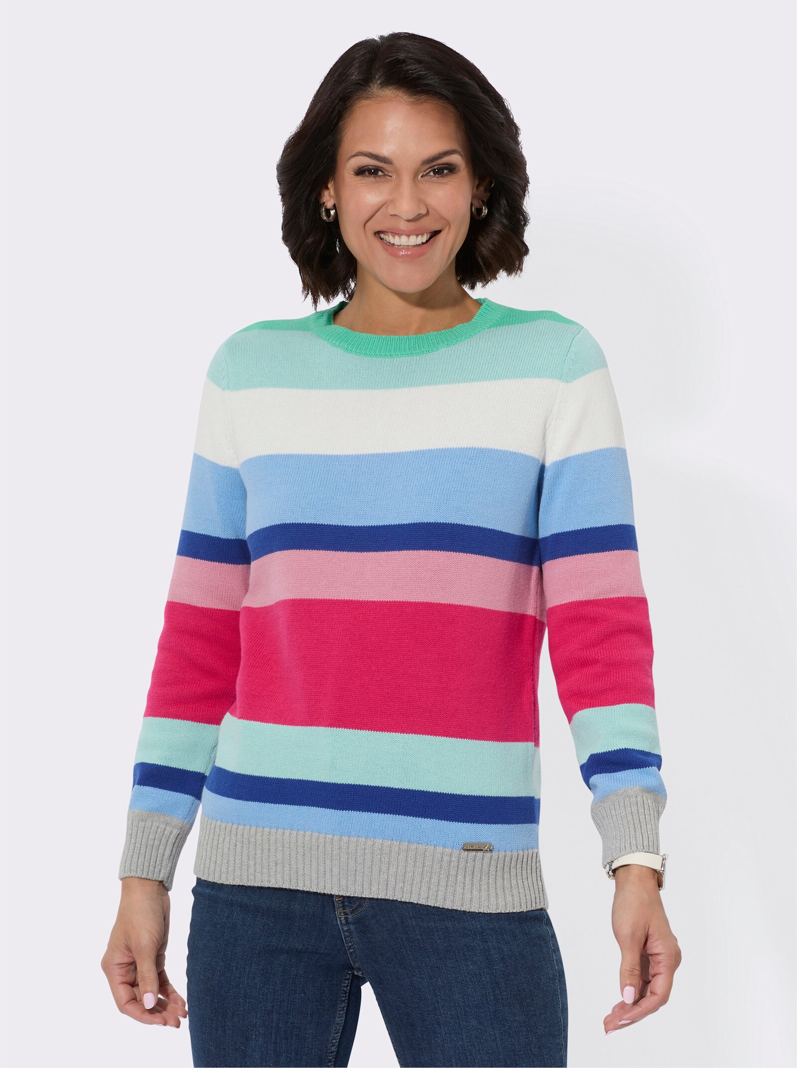 Rundhalspullover im Ringelmuster - pink-himmelblau-geringelt