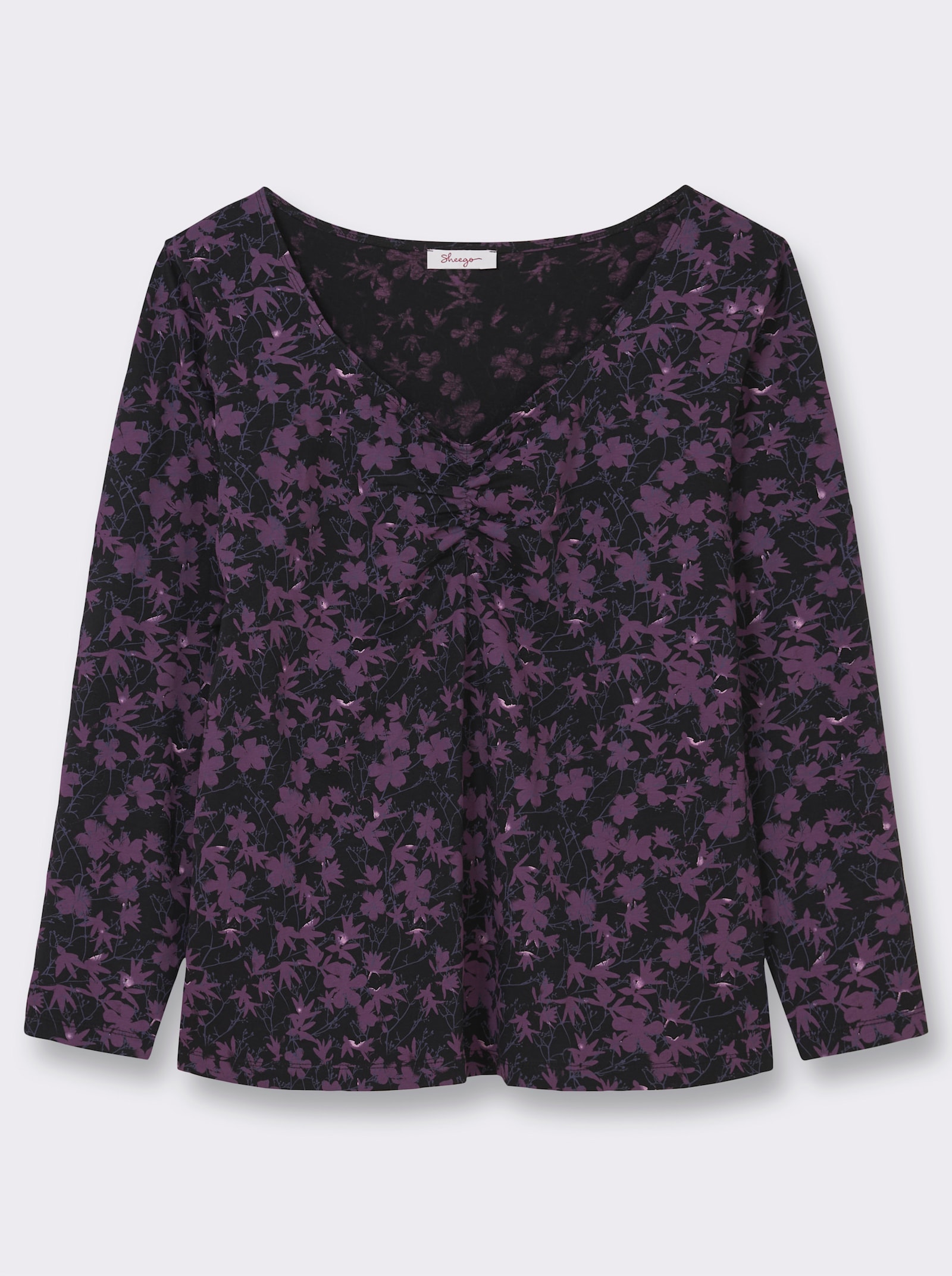 sheego Langarmshirt mit Raffung am Ausschnitt - schwarz-traube-gemustert