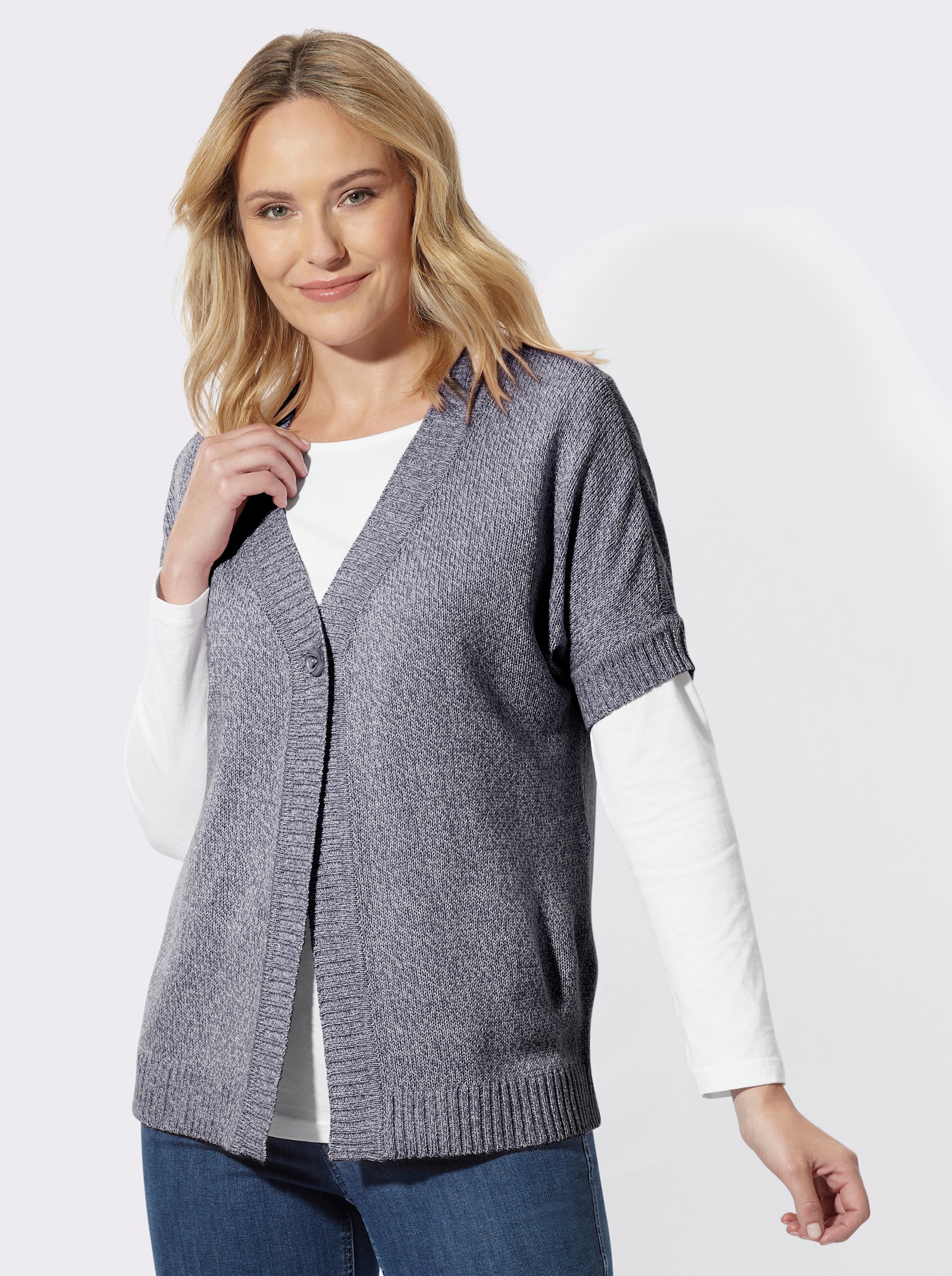 Strickjacke mit Fledermaus-Ärmeln - marine-ecru-meliert