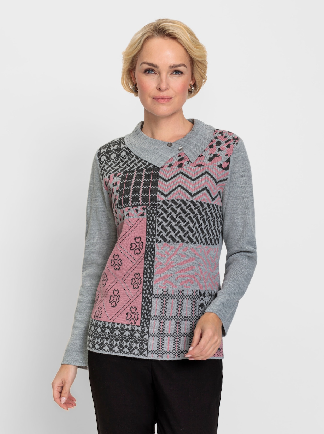 Pullover - steingrau-altrosa-gemustert