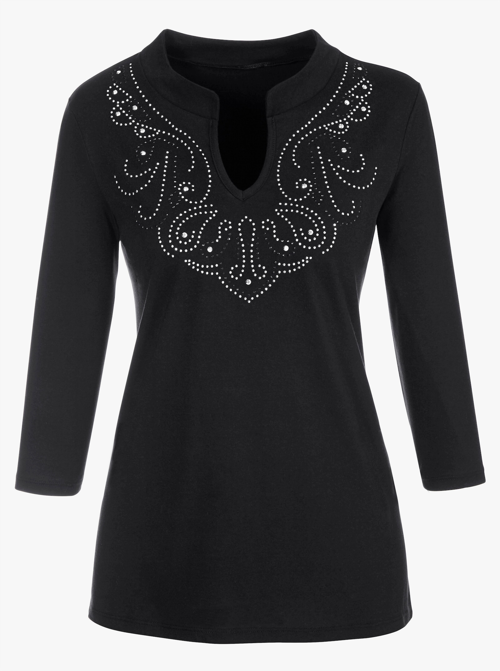 Shirt met 3/4-mouwen en glittersteentjes - zwart