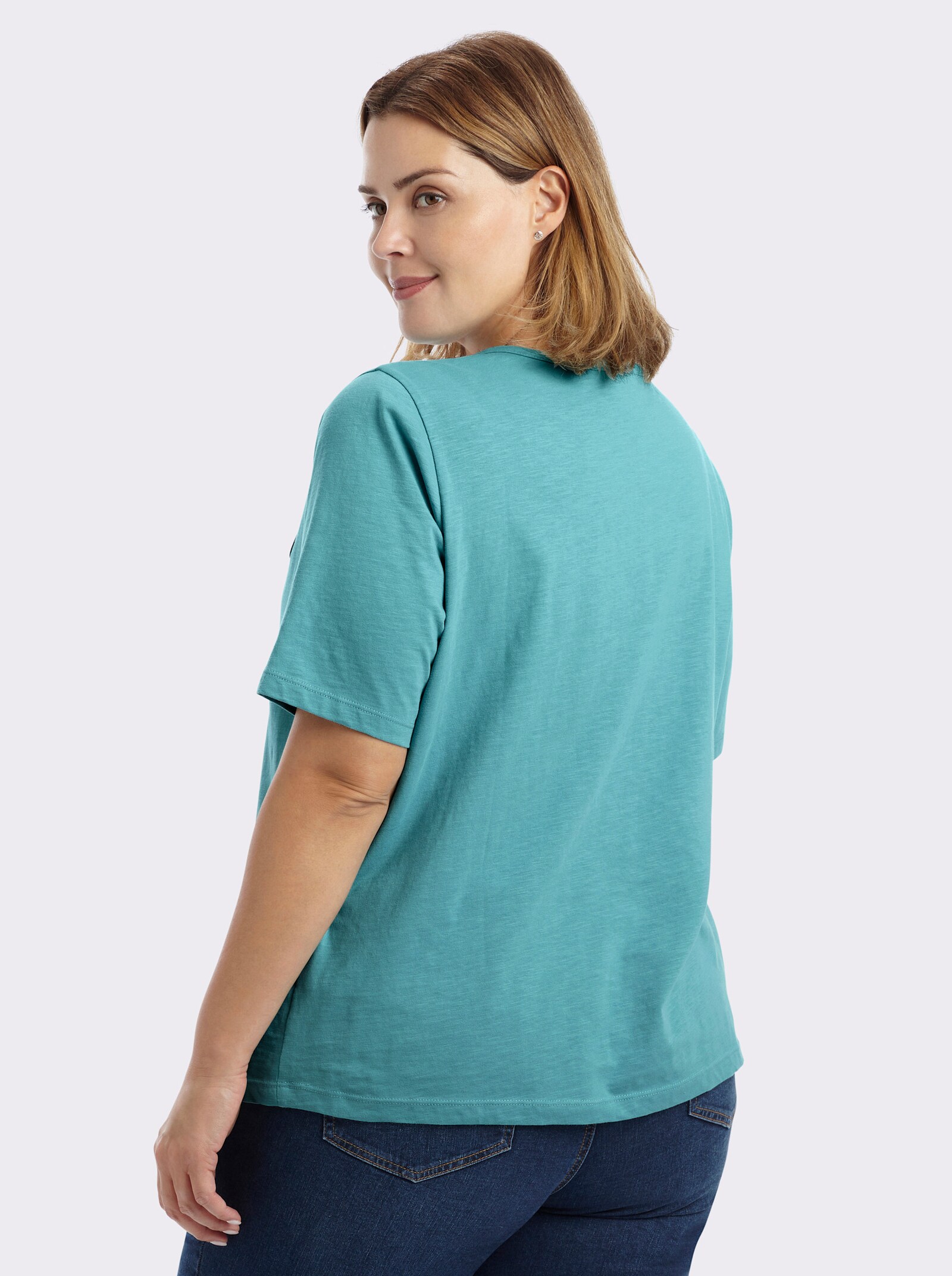 sheego Kurzarmshirt mit Bindeband am Ausschnitt - ozean