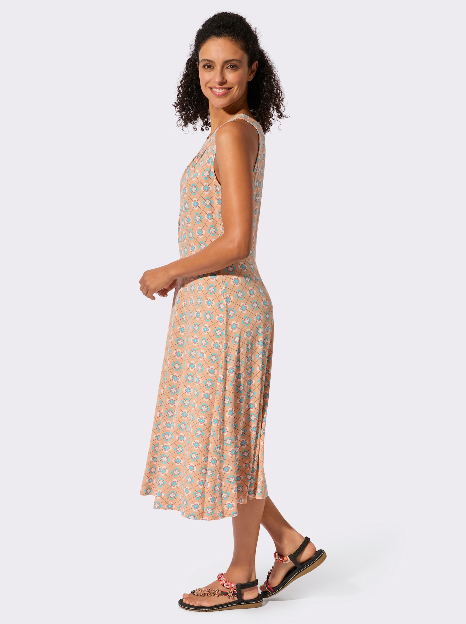 Jerseykleid in Bahnenform - apricot-aquamarin-bedruckt
