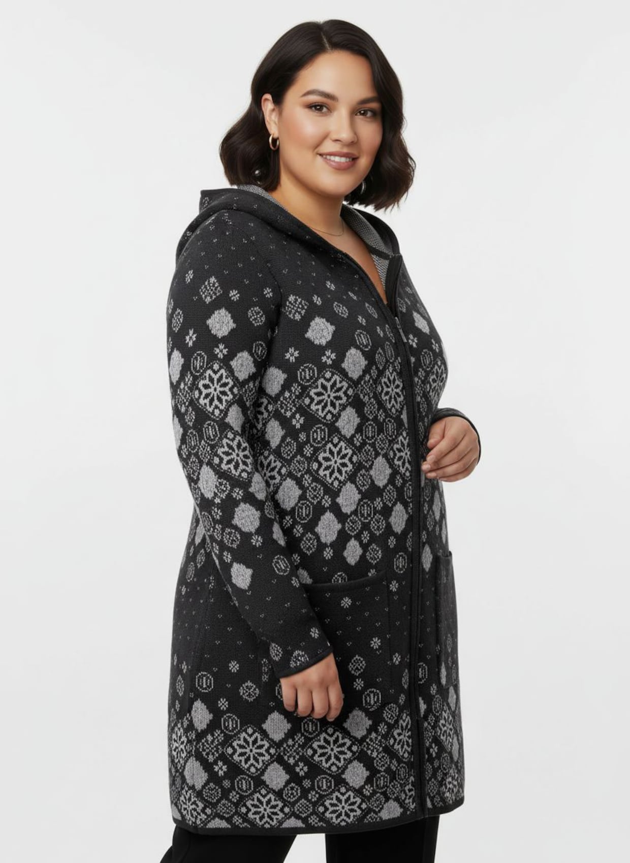 Longstrickjacke - schwarz-gemustert