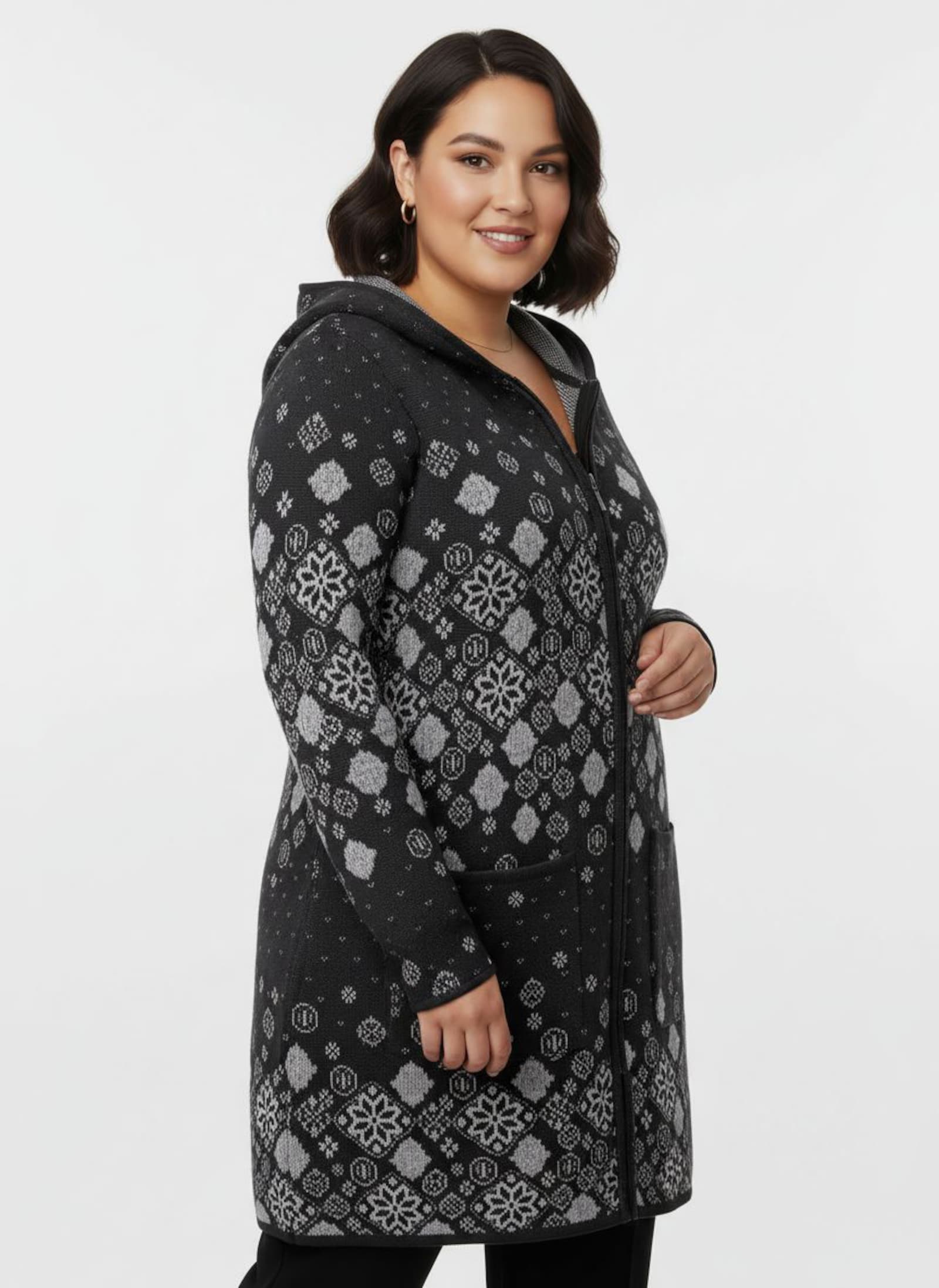 Longstrickjacke mit Jacquard-Strickmuster - schwarz-gemustert