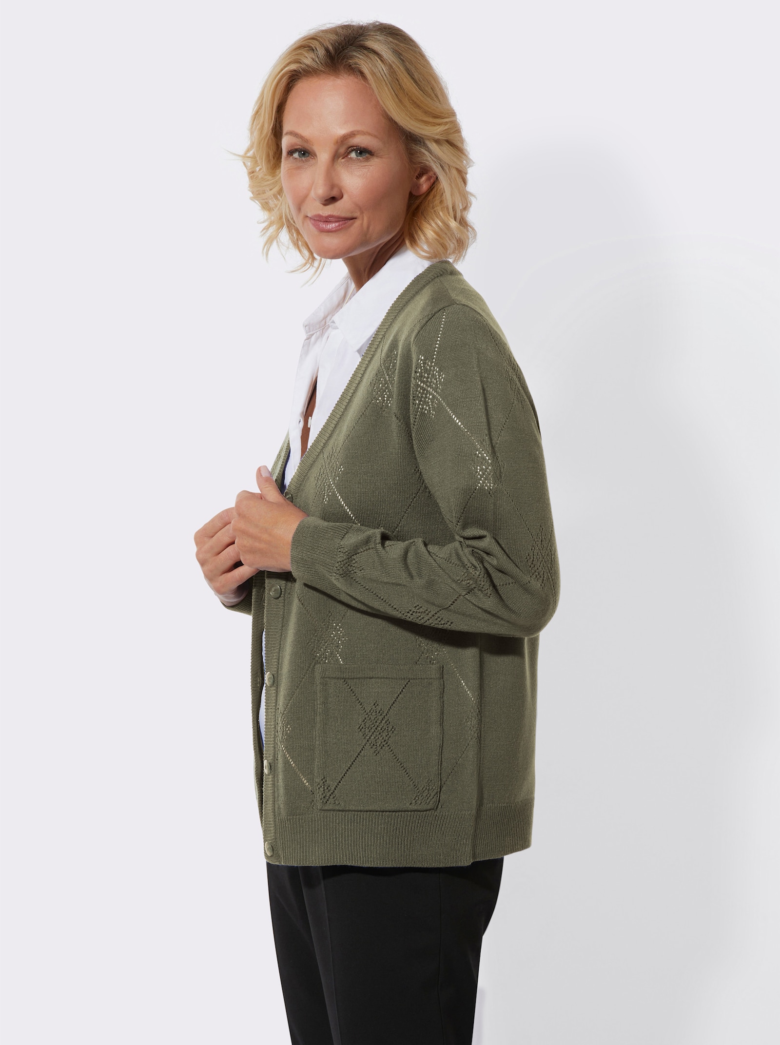 Ajourstrickjacke mit Rautenmuster - khaki