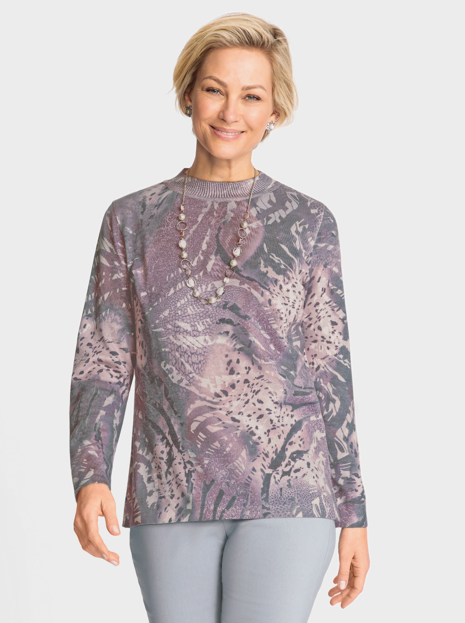 Pullover van fijntricot met grafische print - mauve/steengrijs gedessineerd