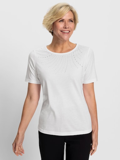 Rundhalsshirt mit Glitzersteinchen-Deko - weiß