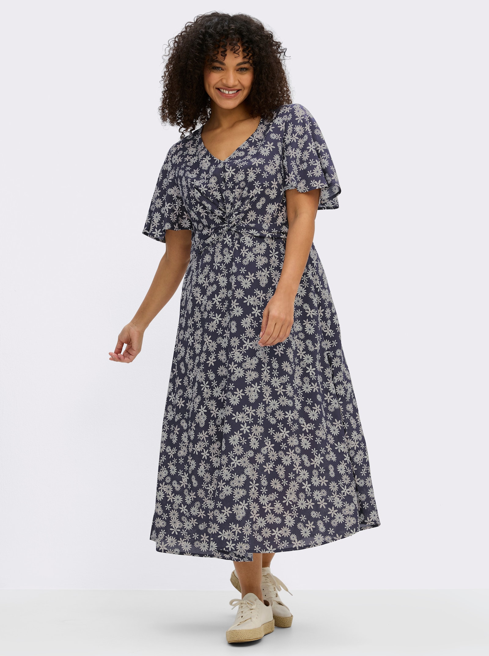 sheego Blumenkleid mit Knotendetail - tiefblau-champagner-bedruckt