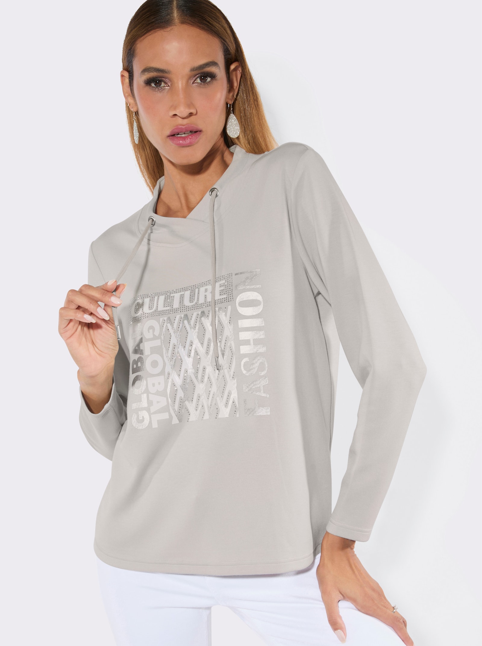 Sweatshirt mit weitenregulierbarem Ausschnitt - hellgrau