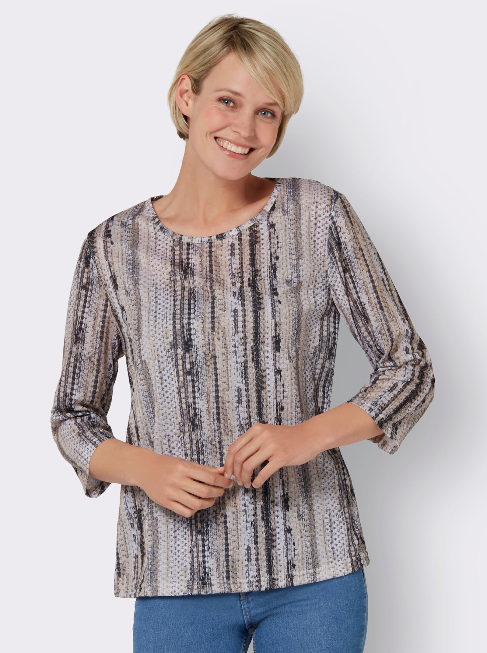 Tričko s 3/4 rukávem z nežehlivého materiálu - béžová-taupe-potisk