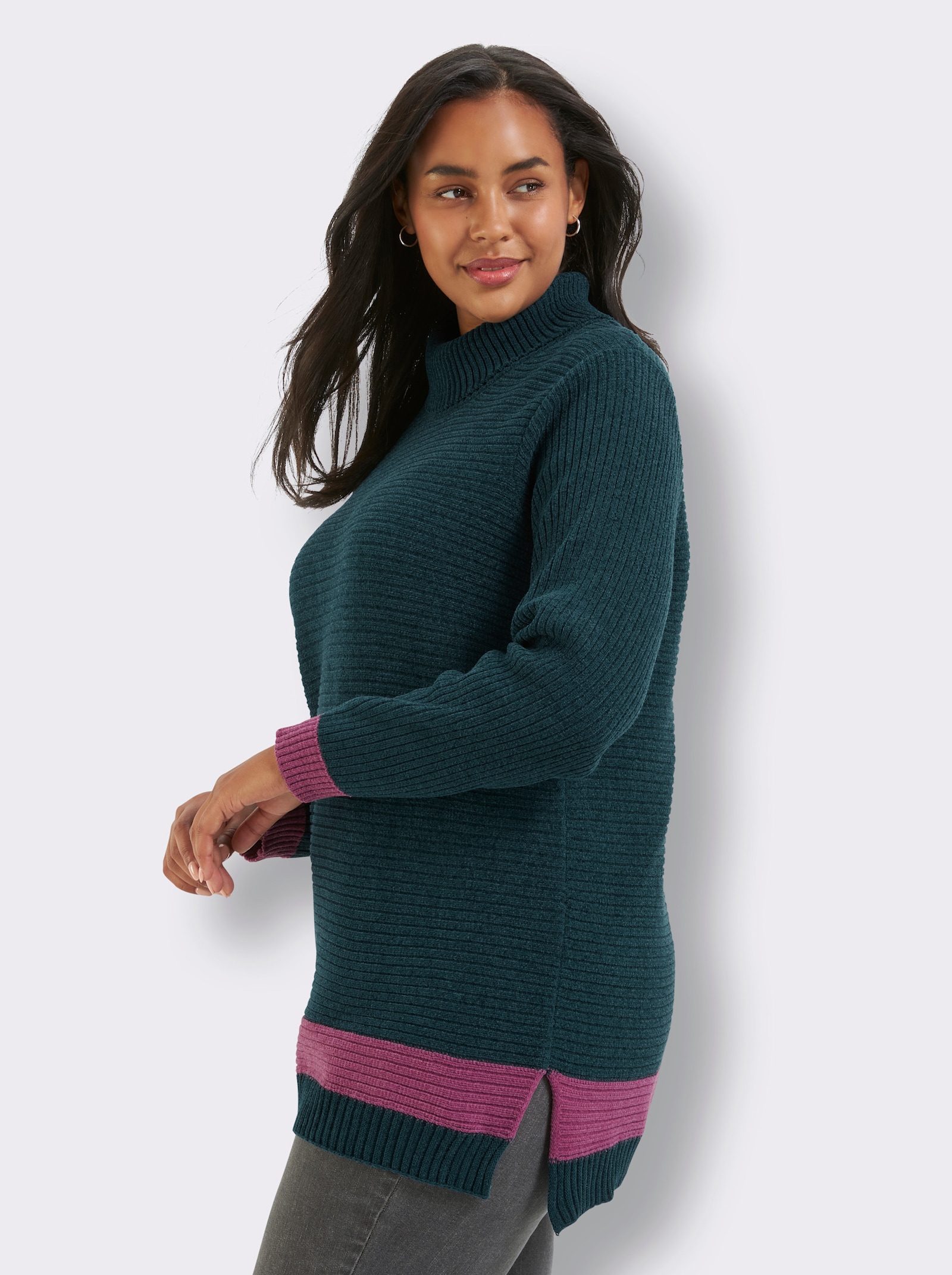 sheego Rollkragenpullover aus Chenille, mit Kontrastdetails - petrol-erika