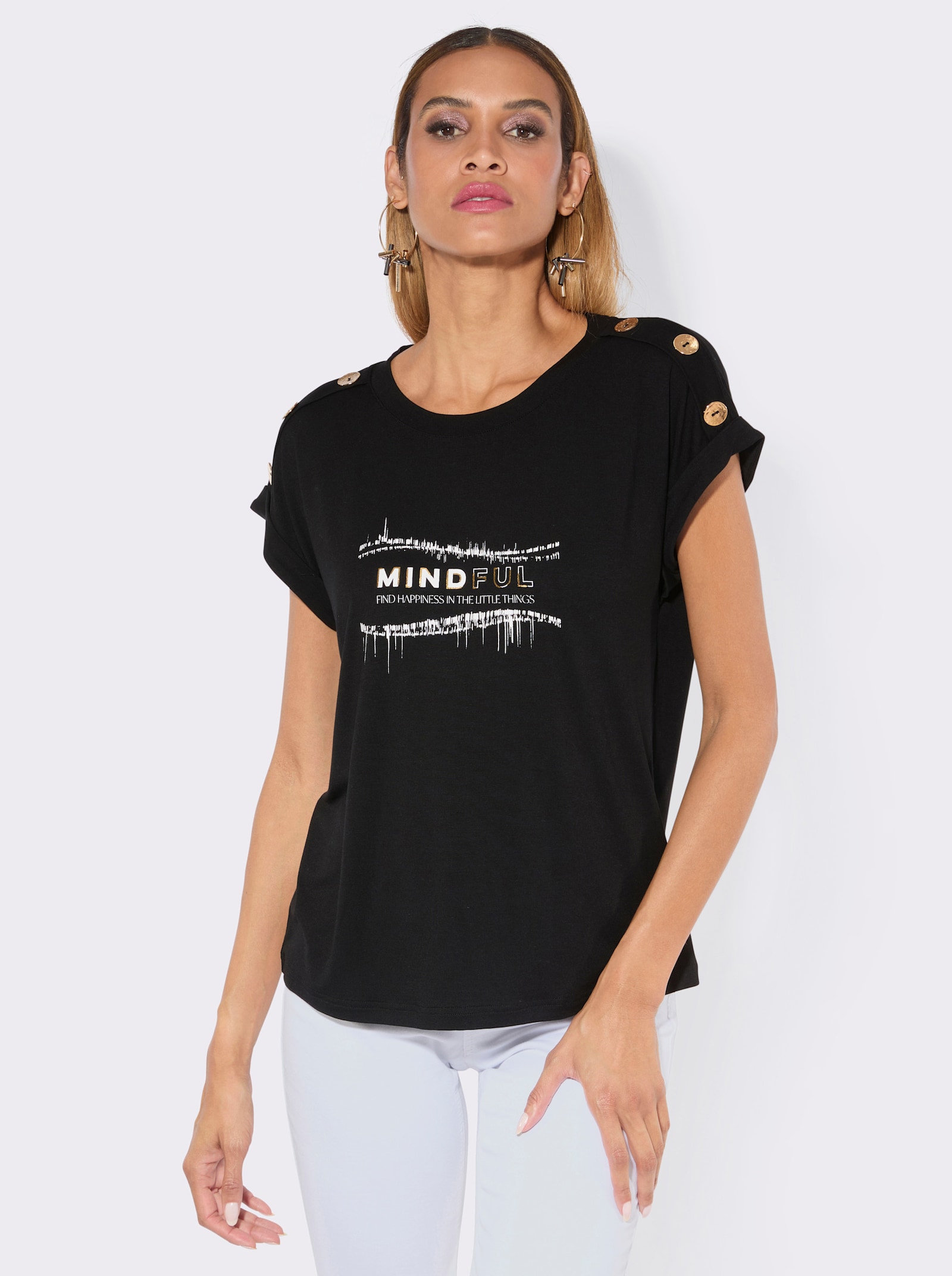 Rundhalsshirt mit goldfarbigem Folien-Druck - schwarz