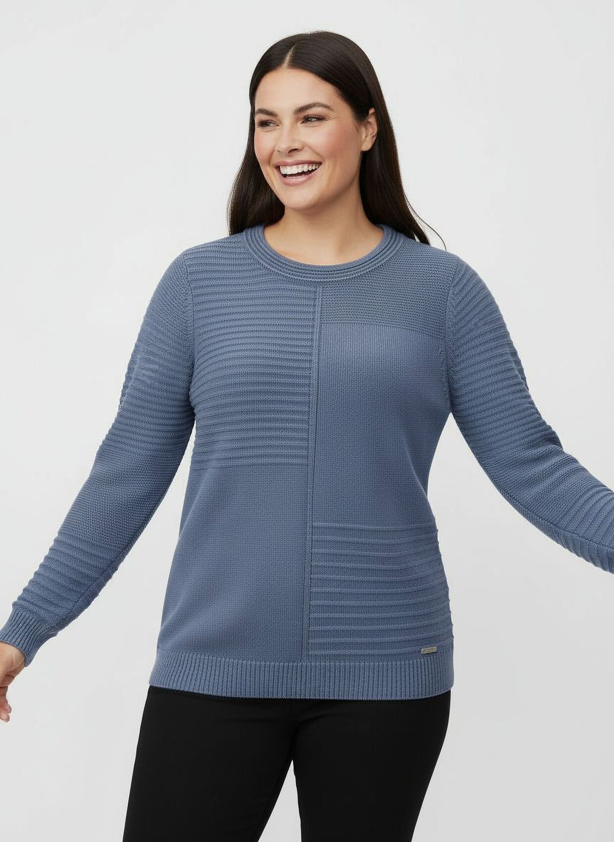 Rundhalspullover im Strickmuster-Mix - taubenblau