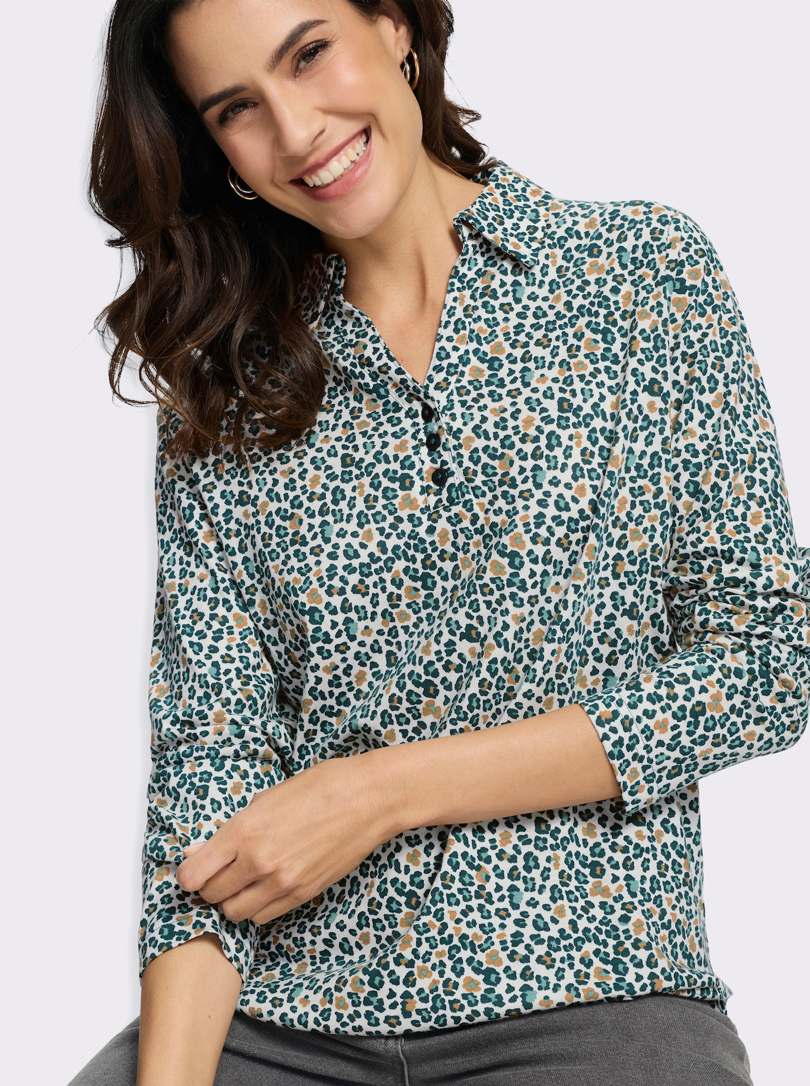  Print-Shirt mit offenem Hemdkragen - petrol-camel-bedruckt