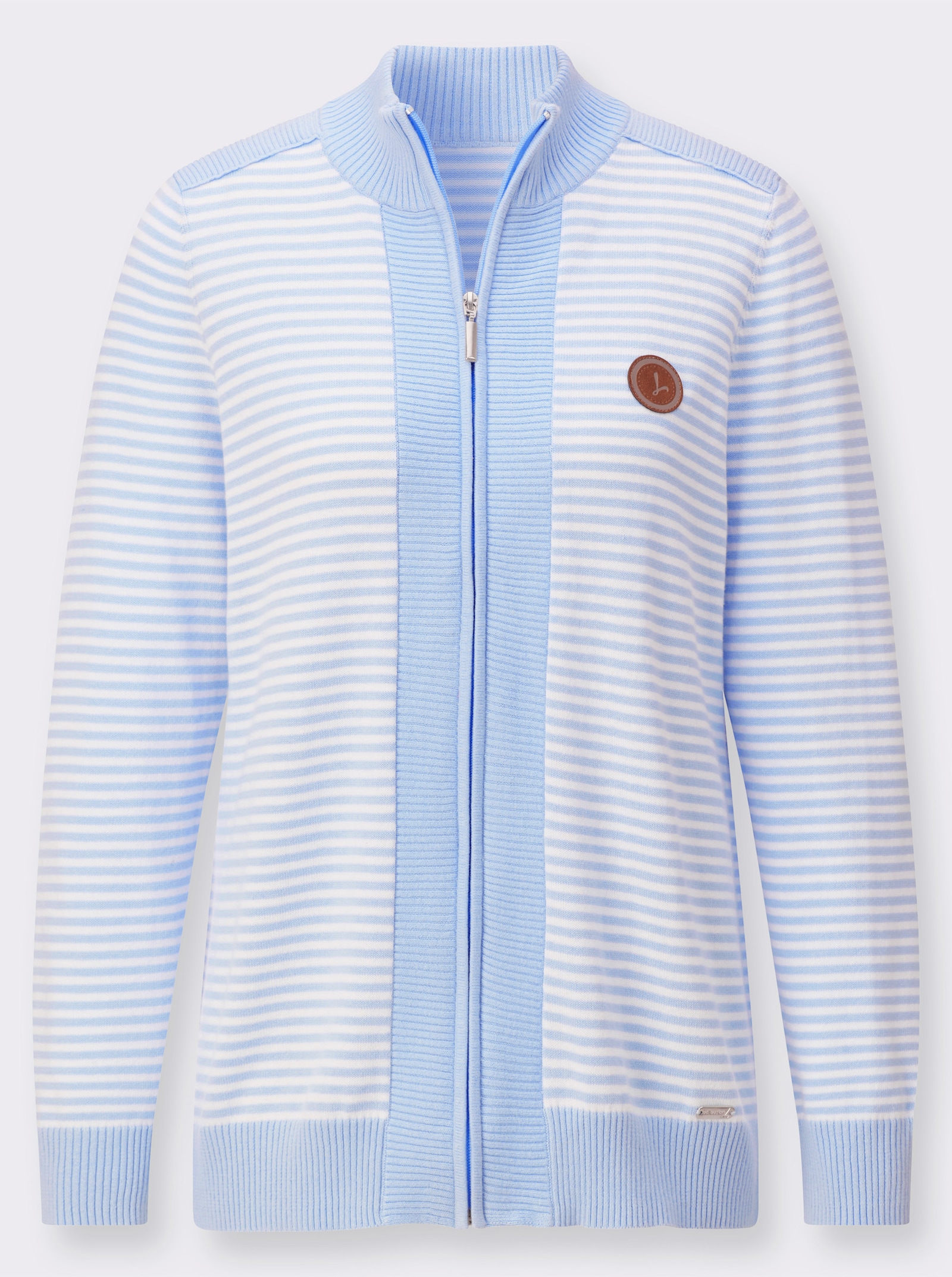 Strickjacke mit gerippten Einsätzen - hellblau-weiß-geringelt