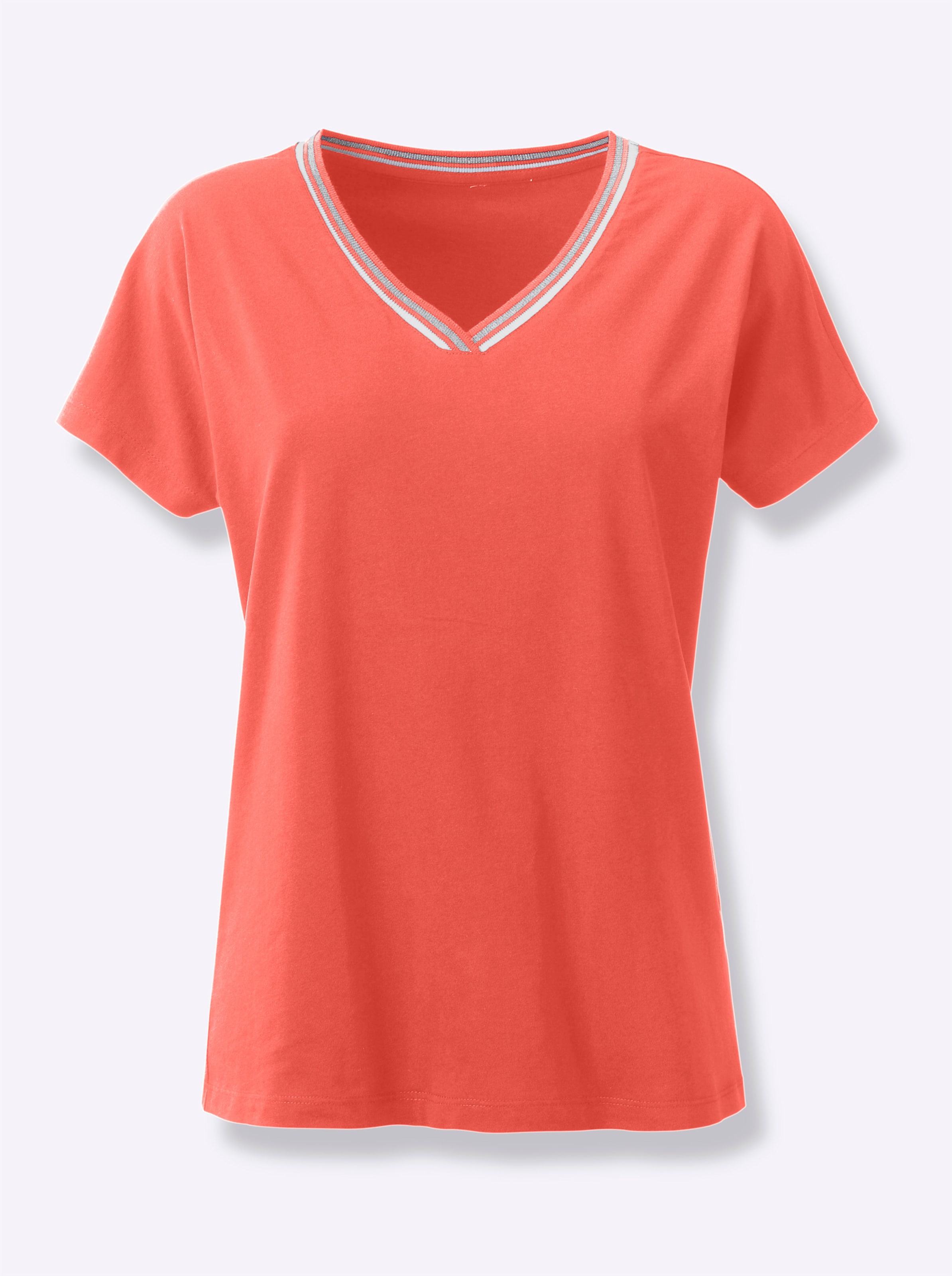Das Rot günstig Kaufen-V-Shirt in korallenrot von heine. V-Shirt in korallenrot von heine <![CDATA[Aus Baumwolle: Das Shirt findet Ihre Haut garantiert sympathisch! Gekonnt aufgepeppt mit geringelten Ripp-Einsätzen am V-Ausschnitt.]]>. 