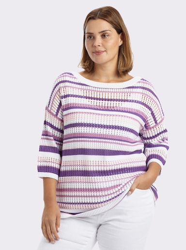 sheego 3/4-Arm-Pullover im Ajour-Strick - orchidee-weiss-geringelt