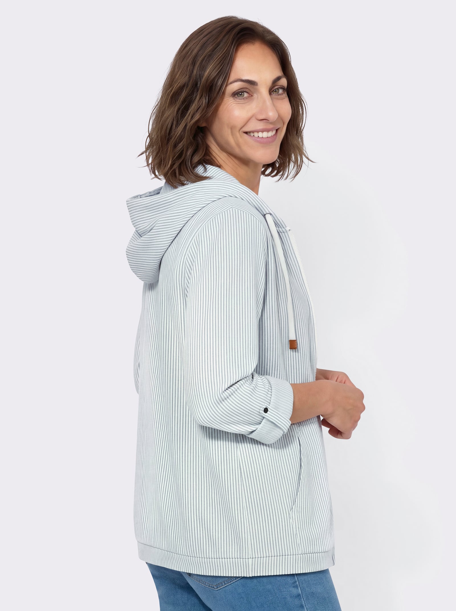 Sweatjacke mit Känguru-Tasche - bleu-ecru-gestreift