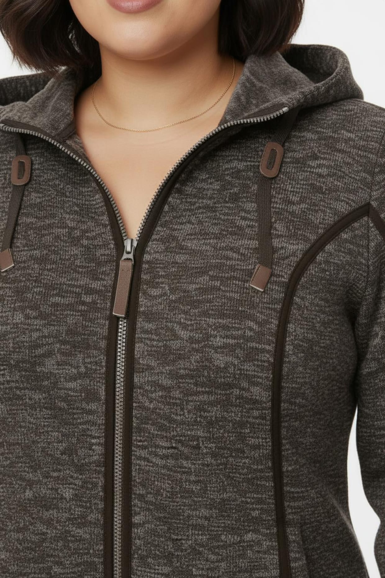 Kapuzenfleecejacke mit Umlegekragen - mokka-meliert