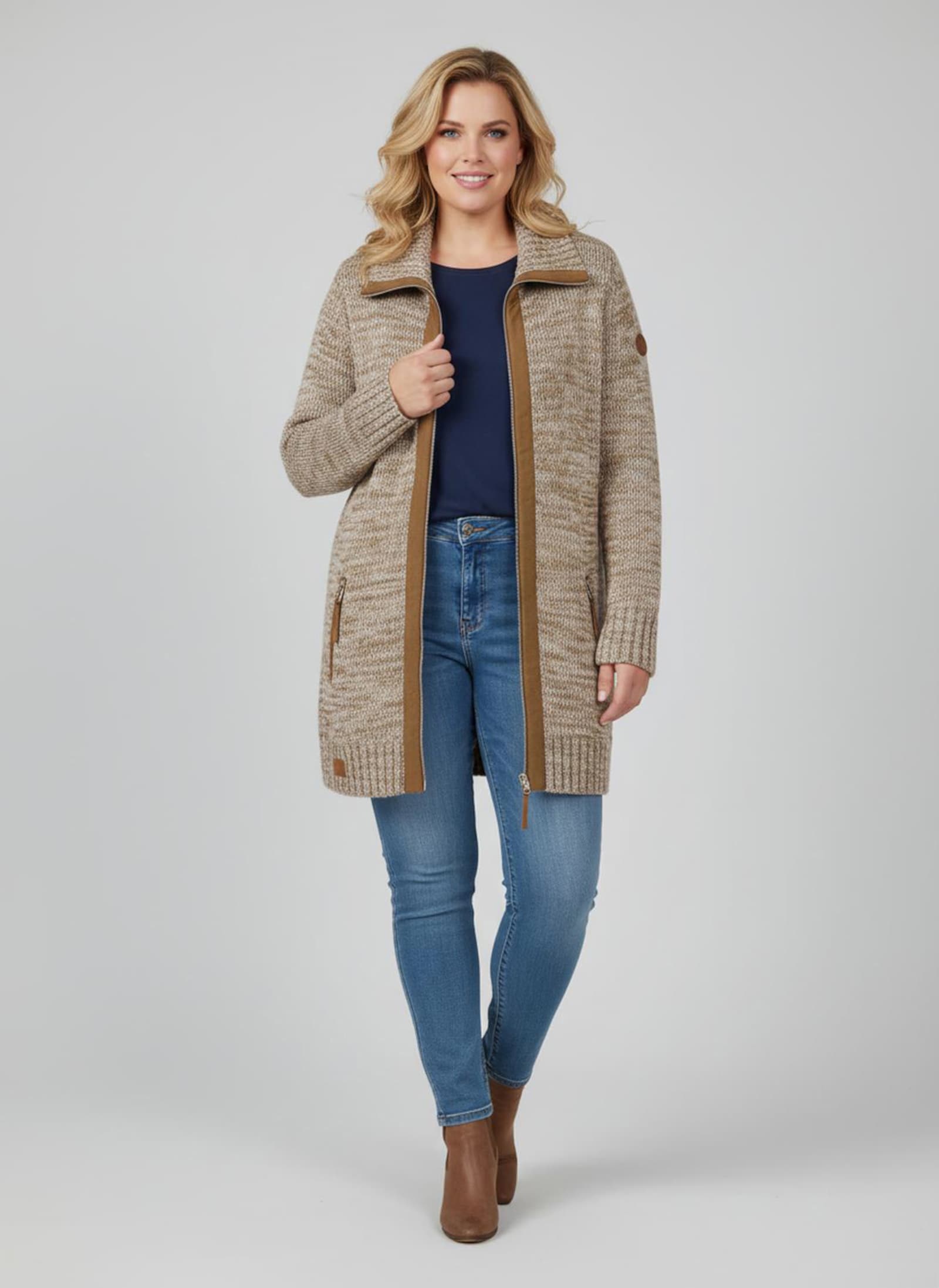 Longstrickjacke mit Troyerkragen - braun-ecru-meliert