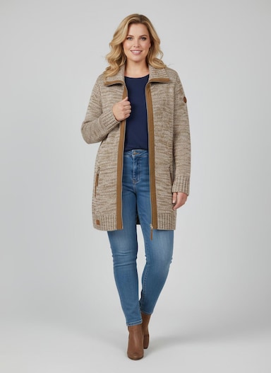 Longstrickjacke mit Troyerkragen - braun-ecru-meliert