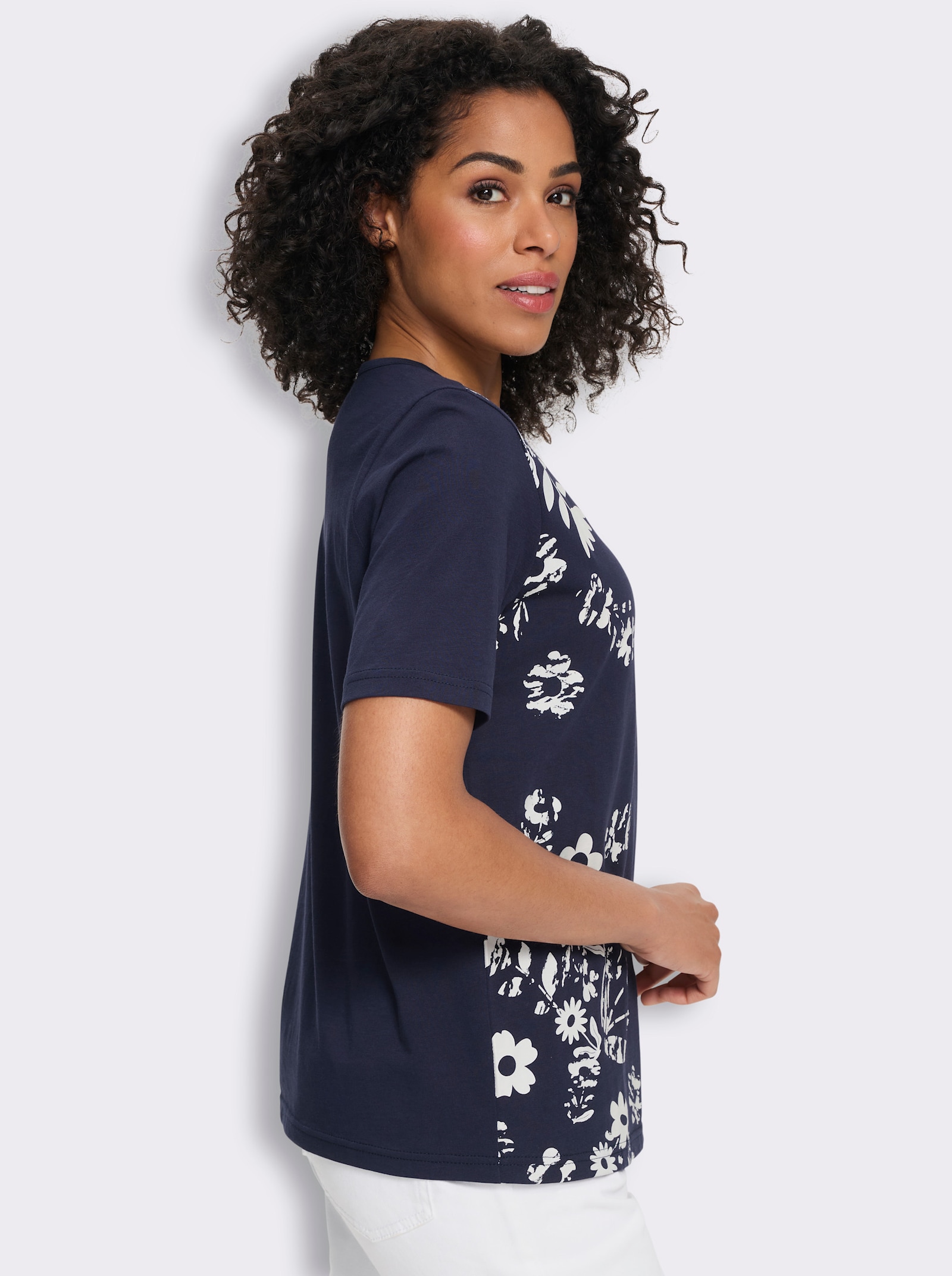 Kurzarmshirt mit Blüten-Druck - marine-weiß