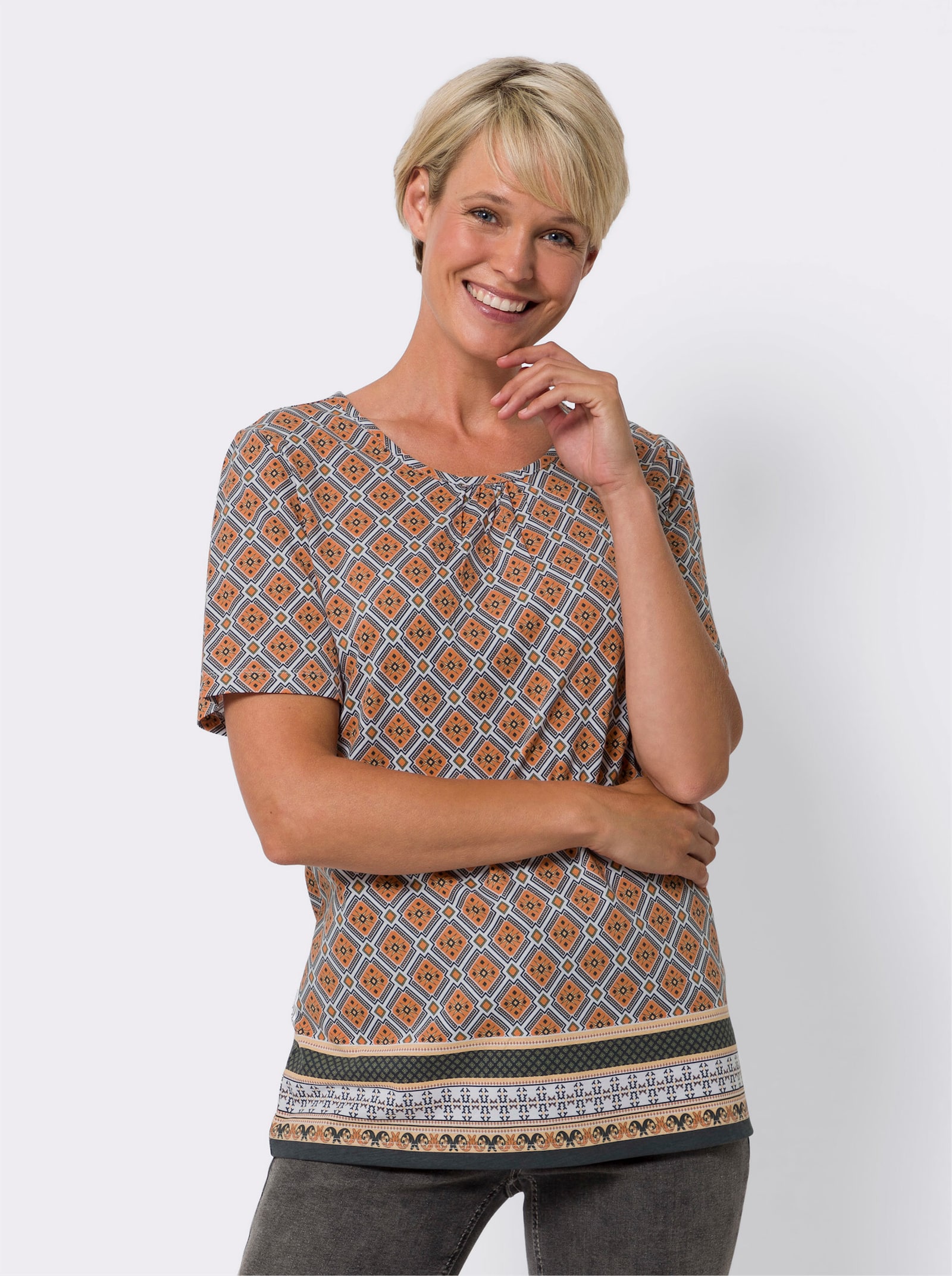 Shirt met korte mouwen en randprint, katoen - papaja/wit bedrukt