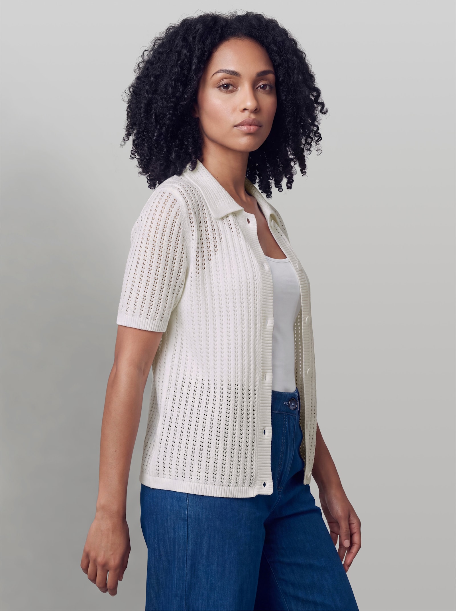 heine Ajourstrickjacke mit Hemdkragen - ecru