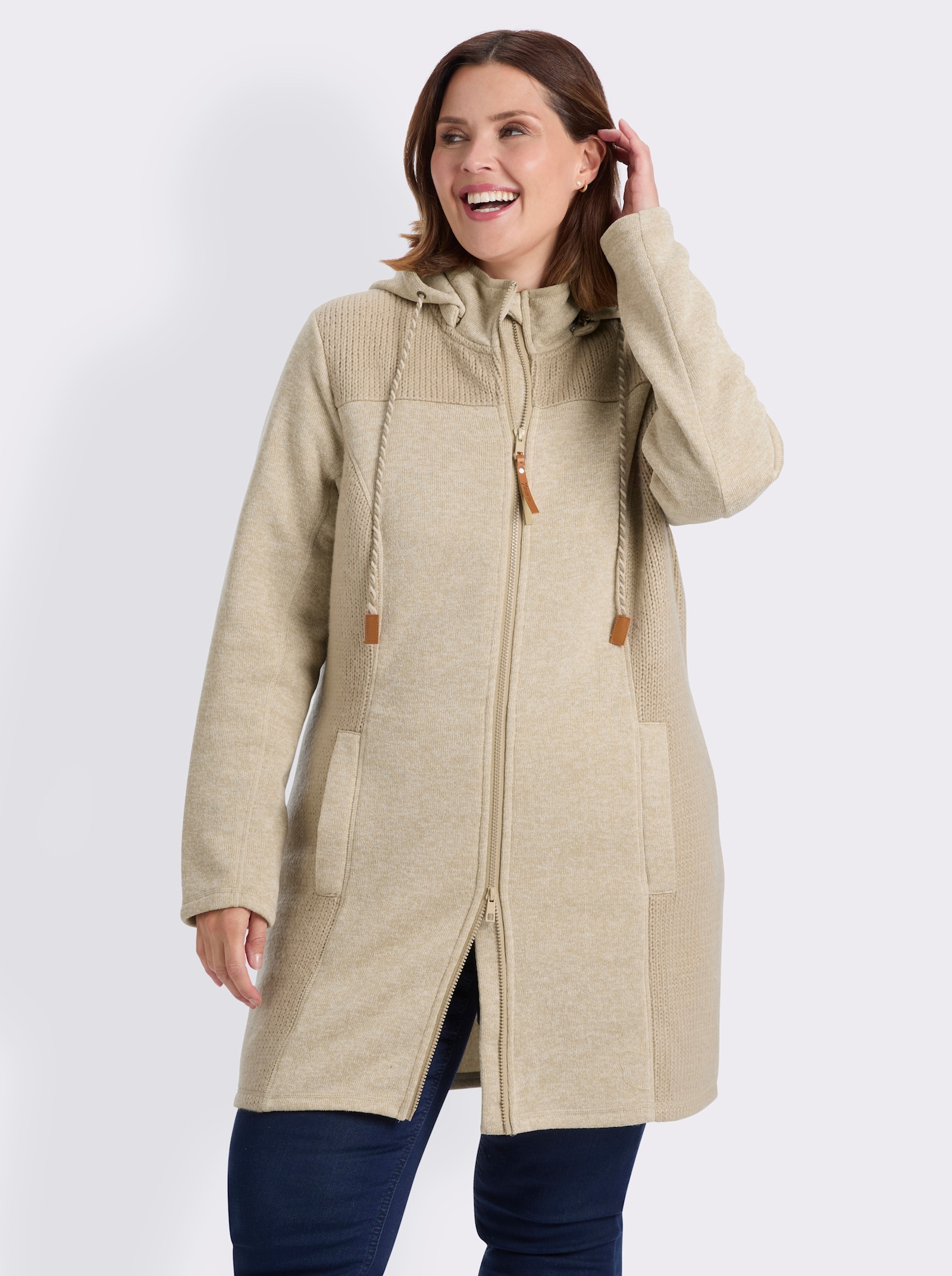 sheego Strickfleecejacke in Longform - beige-elfenbein-meliert