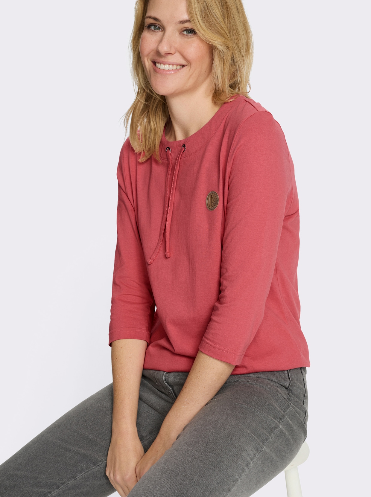 3/4-Arm-Shirt mit Tunnelzug am Rundhals-Ausschnitt - grapefruit