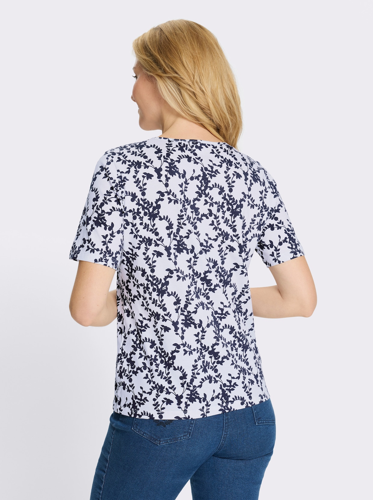 Kurzarmshirt mit floralem Muster - weiß-marine-bedruckt