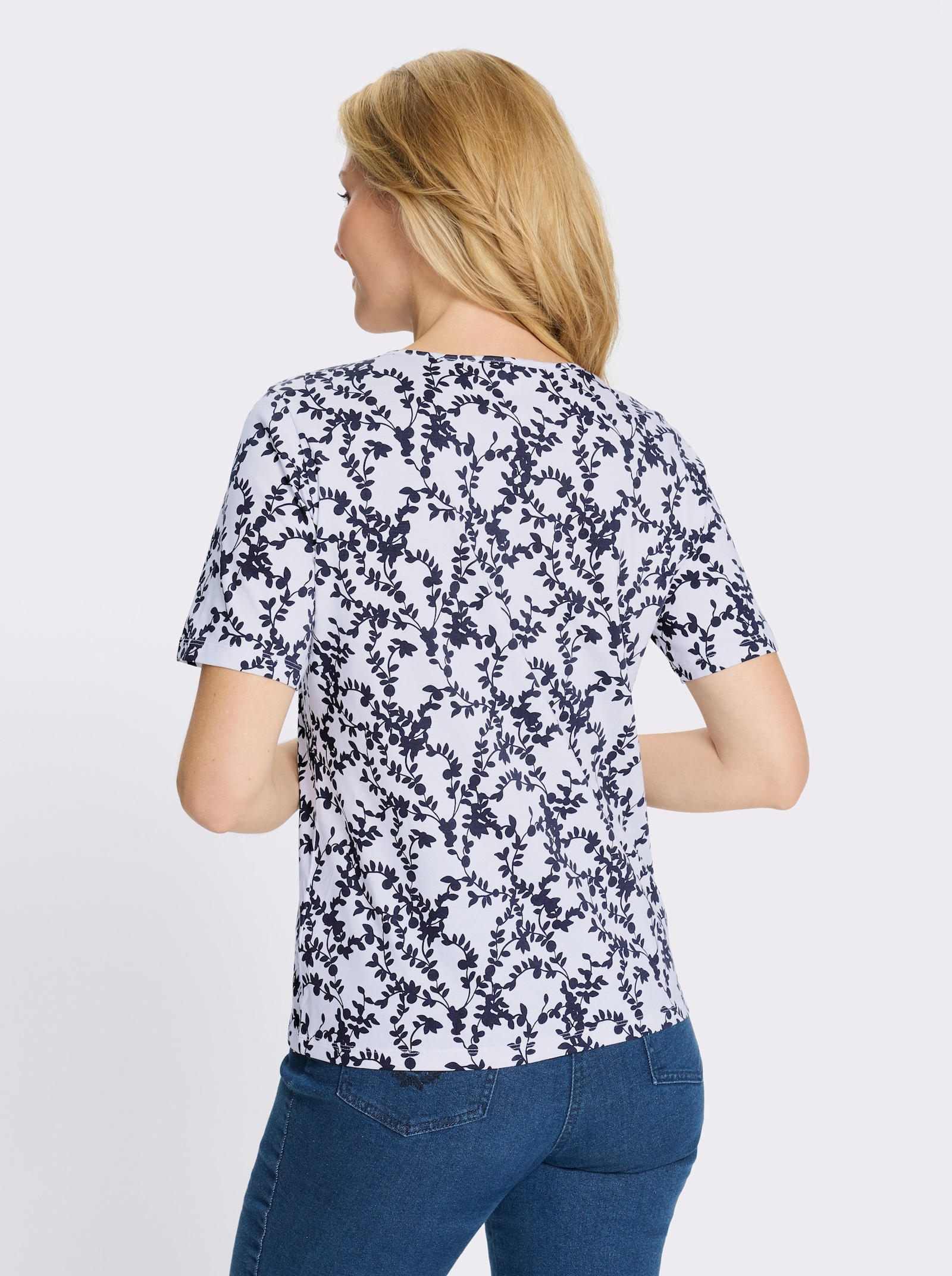 Kurzarmshirt mit floralem Muster - weiß-marine-bedruckt