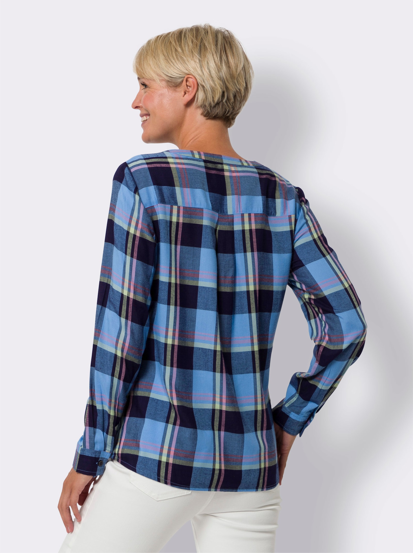 Geruite blouse van pure viscose - hemelsblauw/marine geruit