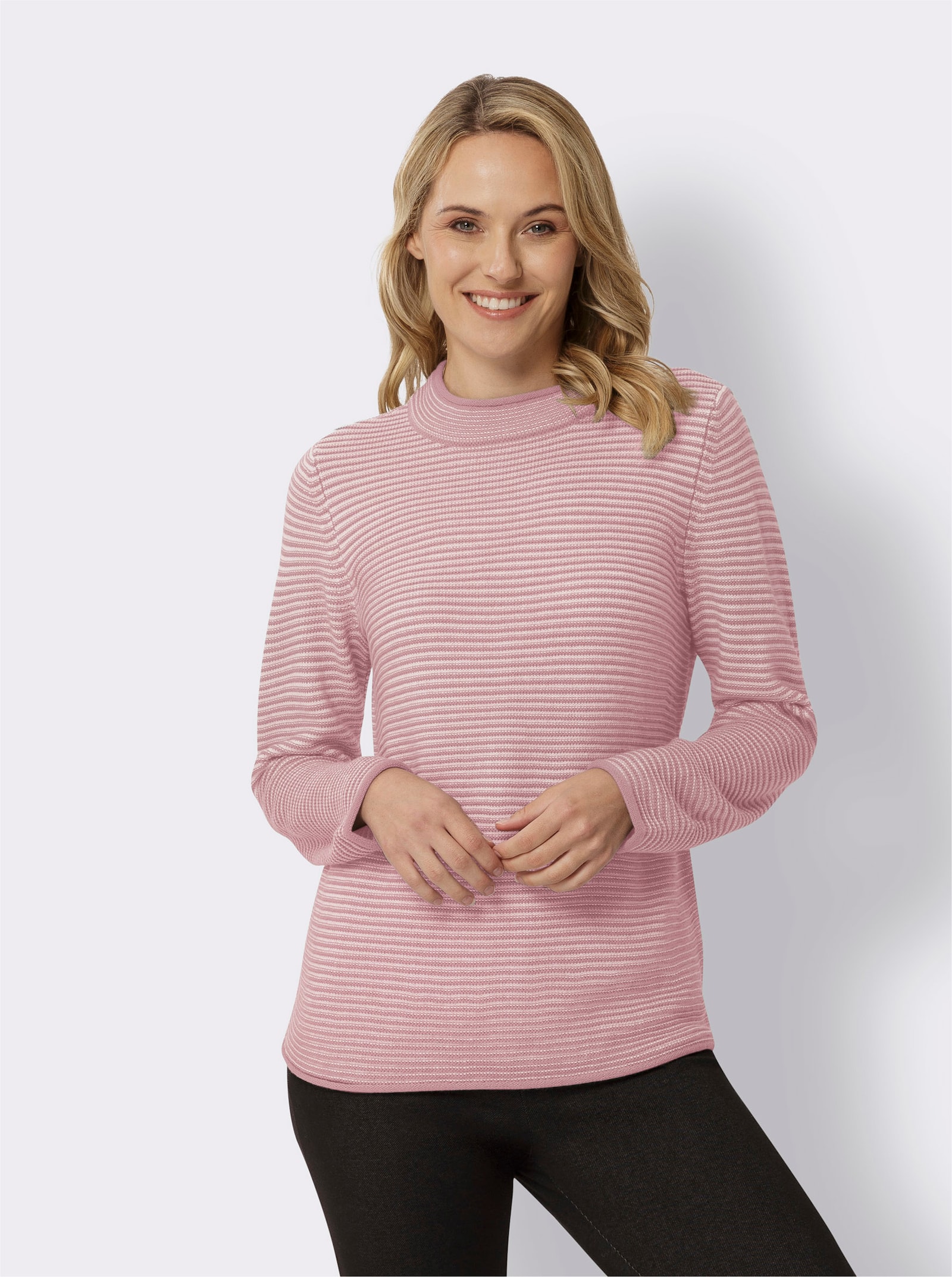 Svetr se stojáčkem s proužkovaným vzorem - starorůžová-ecru-proužek