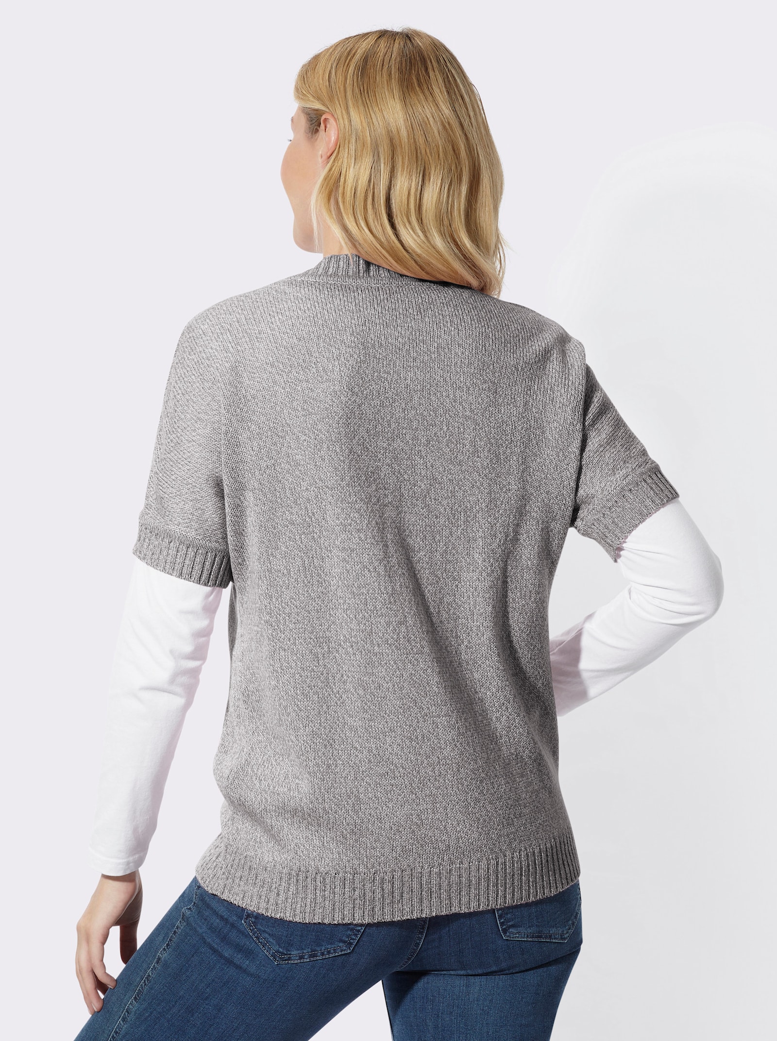 Strickjacke mit Fledermaus-Ärmeln - steingrau-ecru-meliert