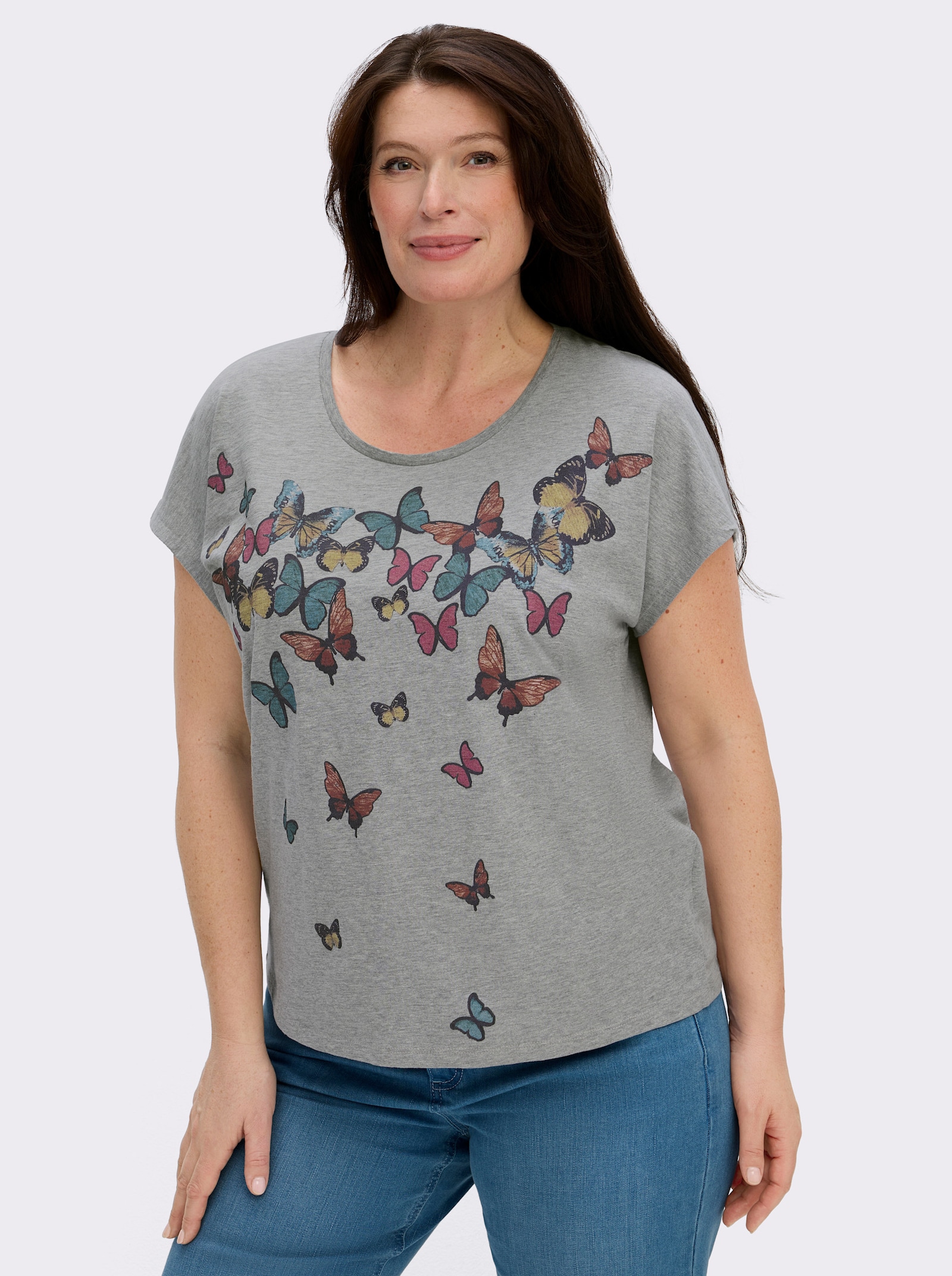 Rundhalsshirt mit Schmetterlingen bedruckt - hellgrau-salbei-meliert