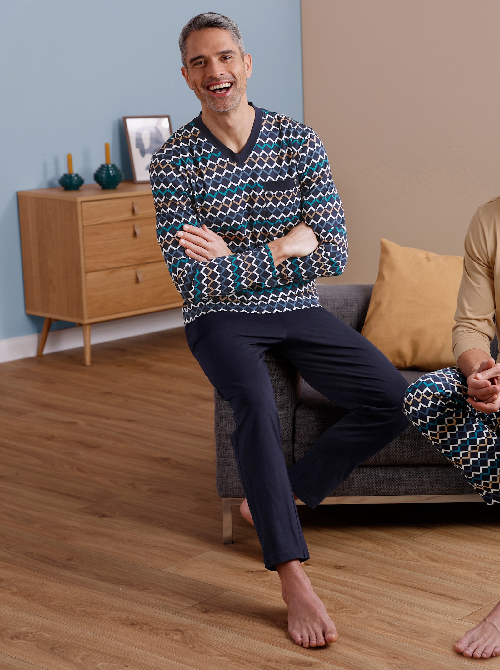 wäschepur men Schlafanzüge - marine-bedruckt + camel-bedruckt