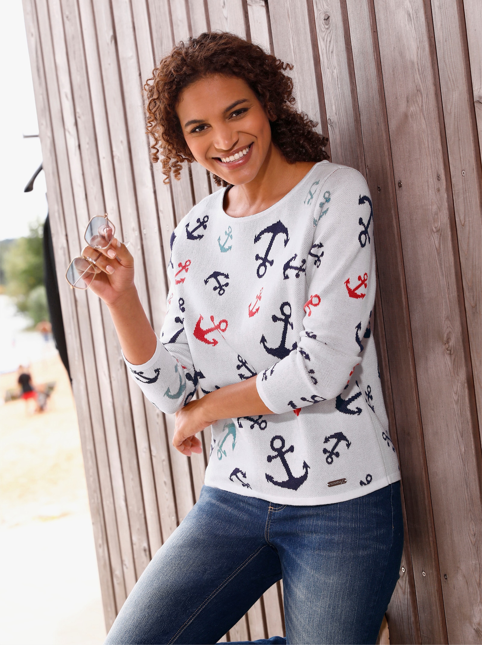 Pullover met ronde hals en maritiem dessin - wit/marine