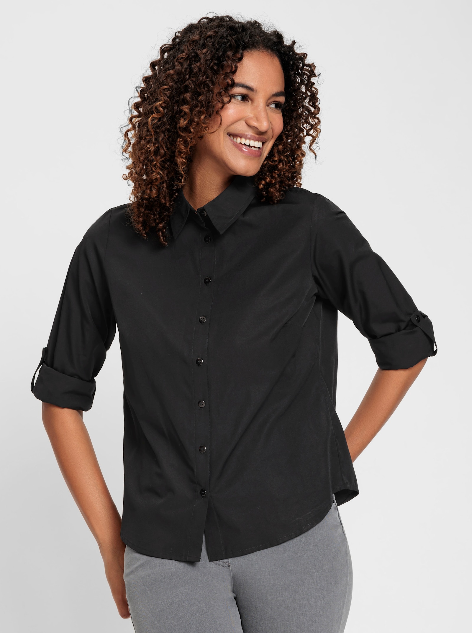 Langarm-Bluse im Baumwoll-Polyester-Mix - schwarz