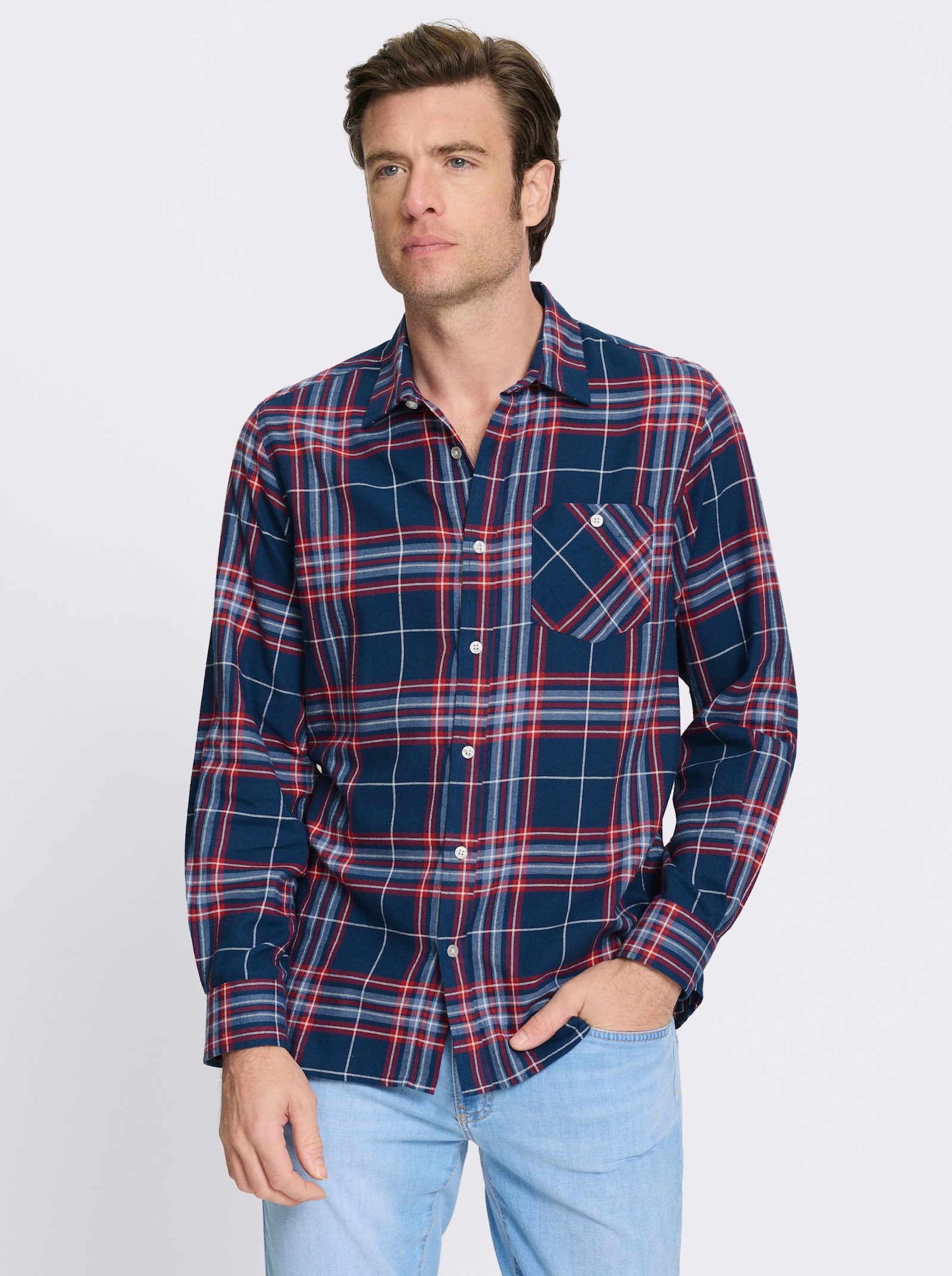 Catamaran Langarmhemd aus Baumwoll-Flanell - dunkelblau-erdbeere-kariert