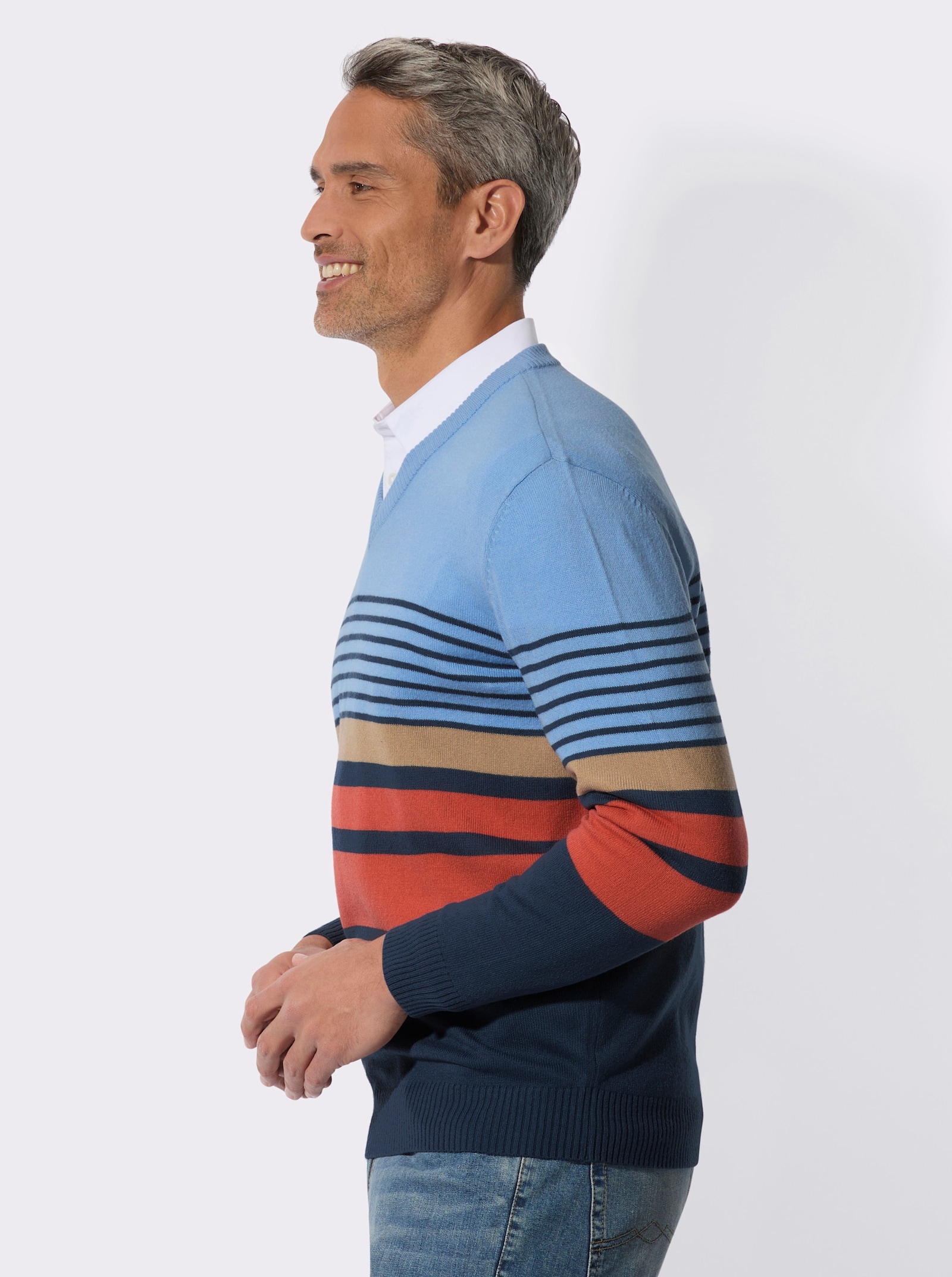 V-Ausschnitt-Pullover mit Streifen-Muster - himmelblau-terra-geringelt