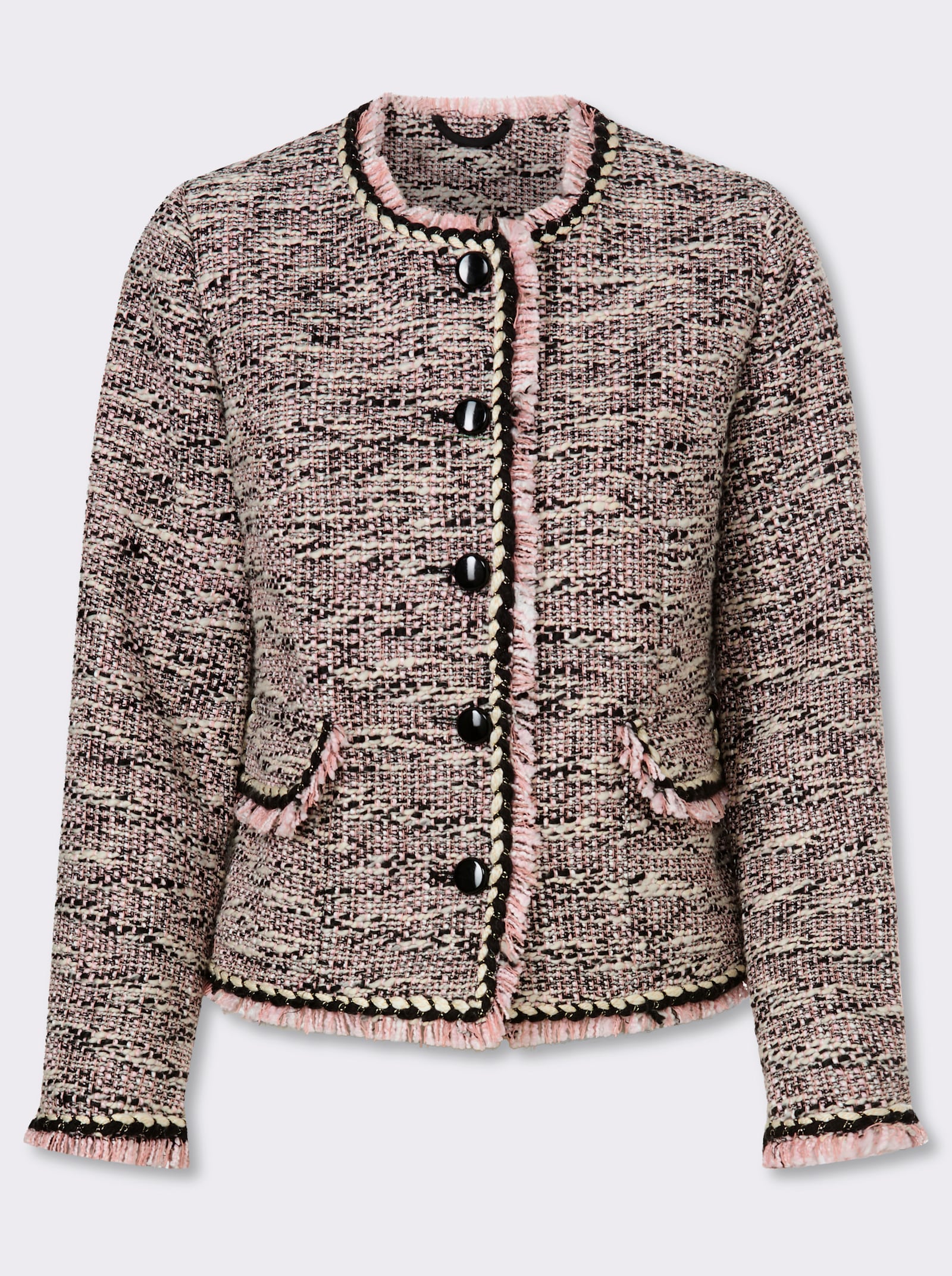 heine Bouclé-Blazer mit Fransenkante - schwarz-rosé-gemustert
