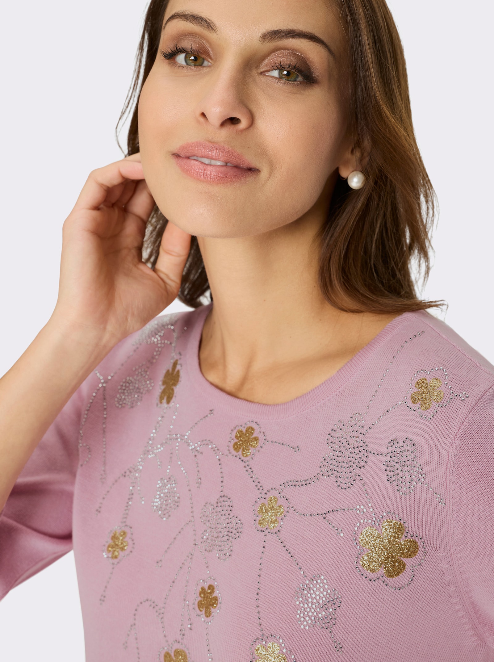 Rundhalspullover mit Blütenranken-Stickerei - rosé