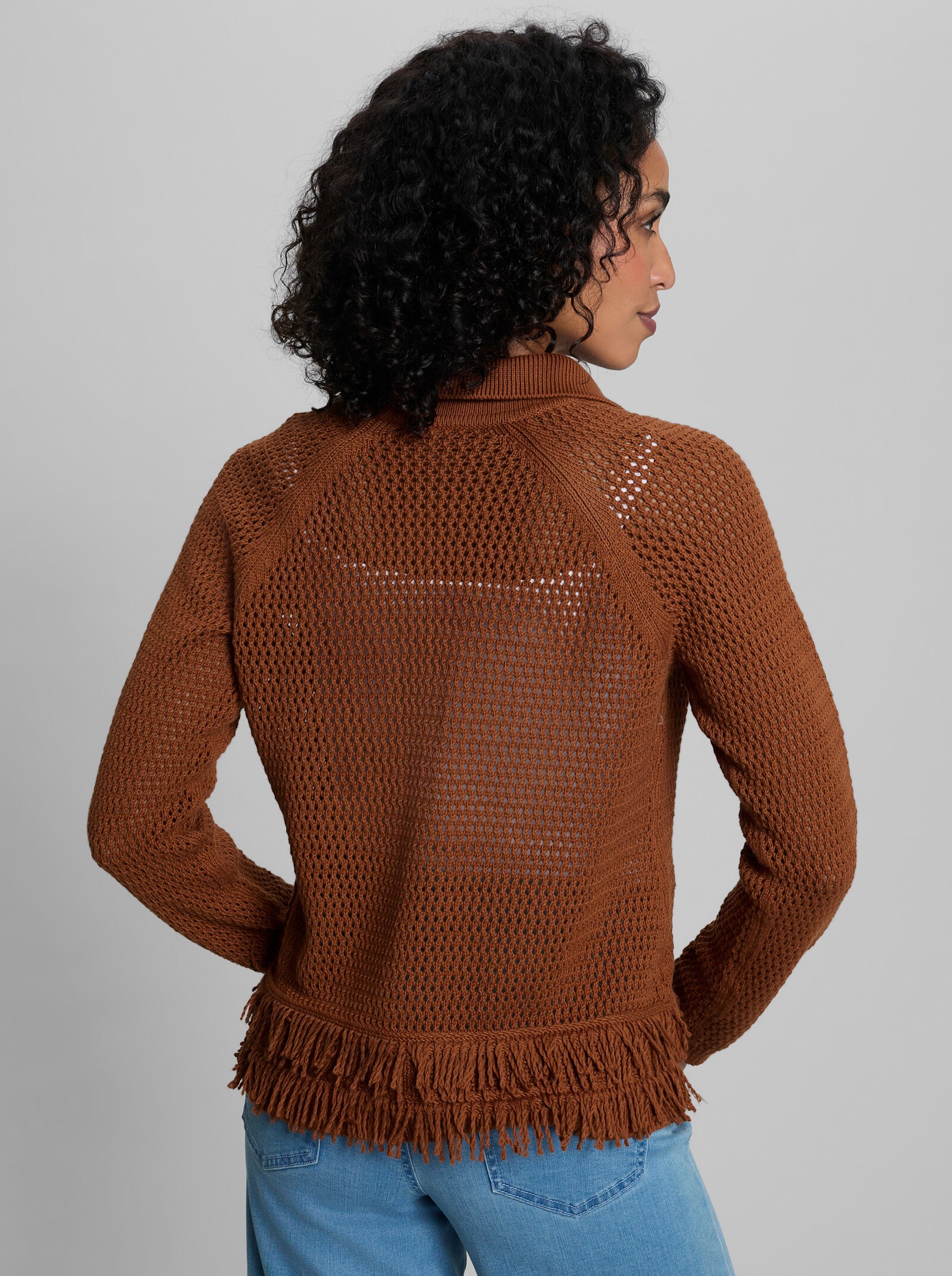 heine Ajourstrickjacke mit Fransensaum - cognac