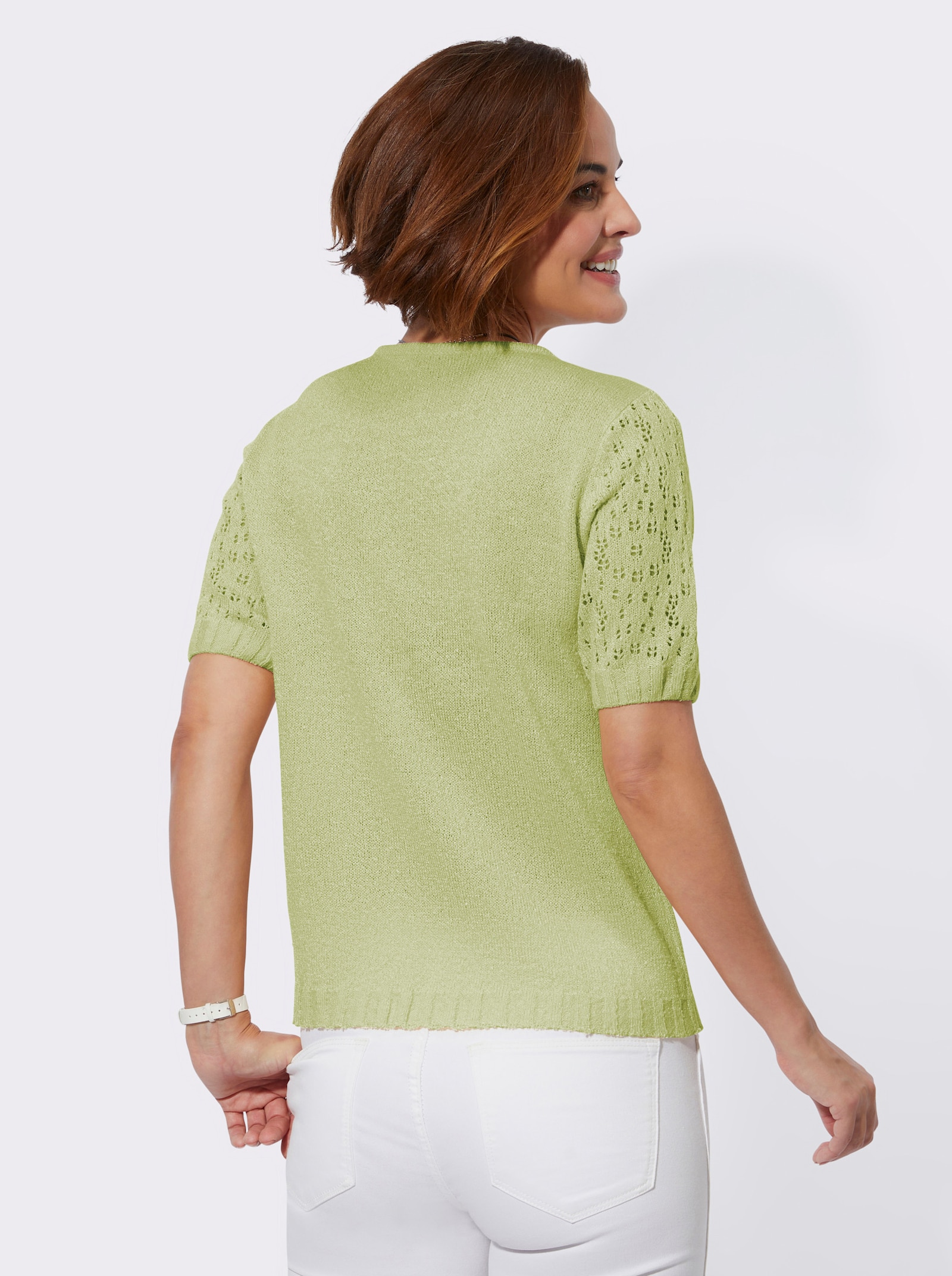 Bouclé-Pullover mit Ajourmuster-Ärmeln - lindgrün