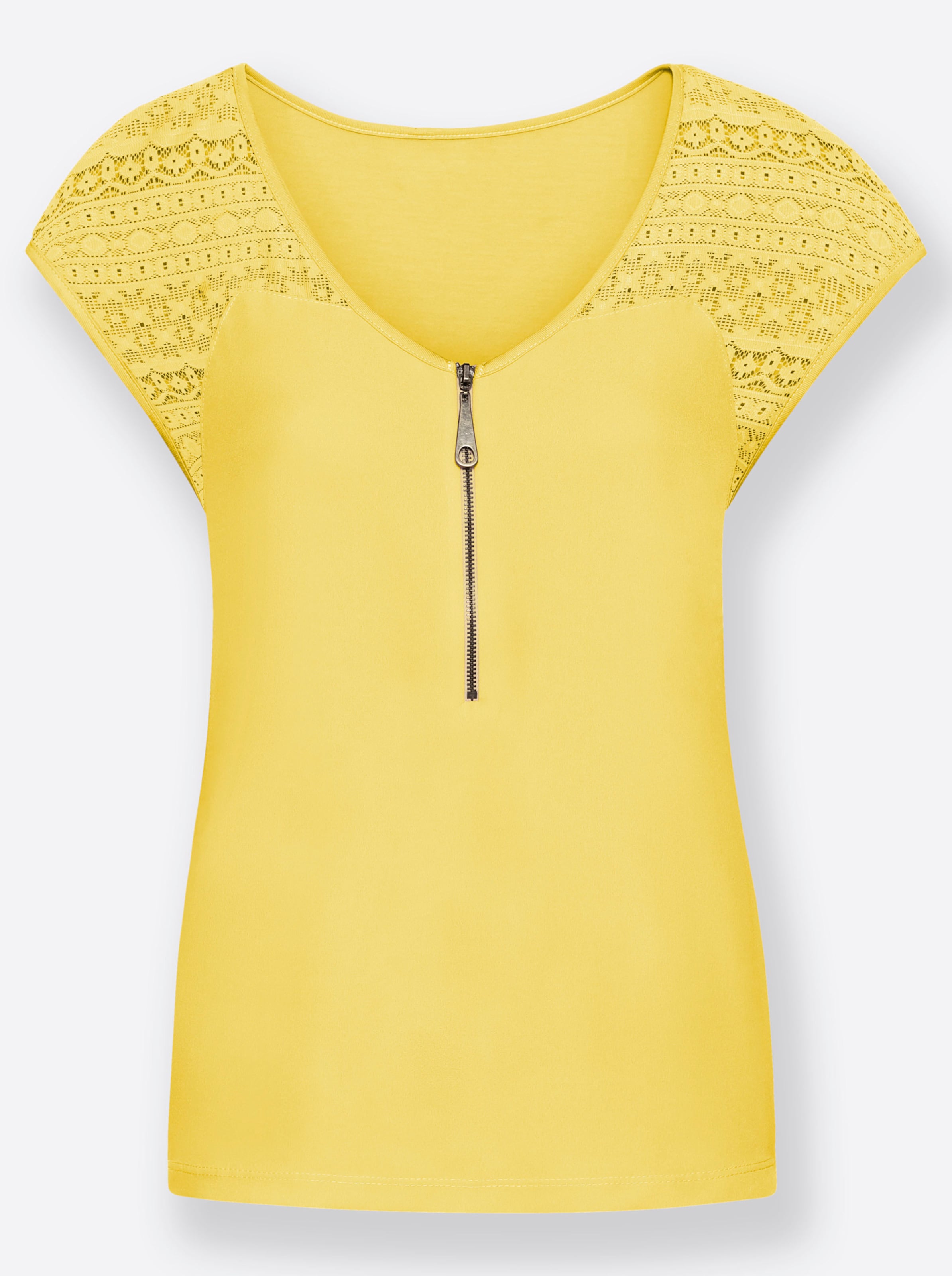 Silhouette günstig Kaufen-V-Shirt in gelb von heine. V-Shirt in gelb von heine <![CDATA[Dank des Spitzeneinsatzes an den Schultern zeigt dieses Shirt verführerisch etwas Haut. Ein weiteres trendstarkes Detail ist der Metall-Reißverschluss am V-Ausschnitt. Aktuelle Silhouette mit