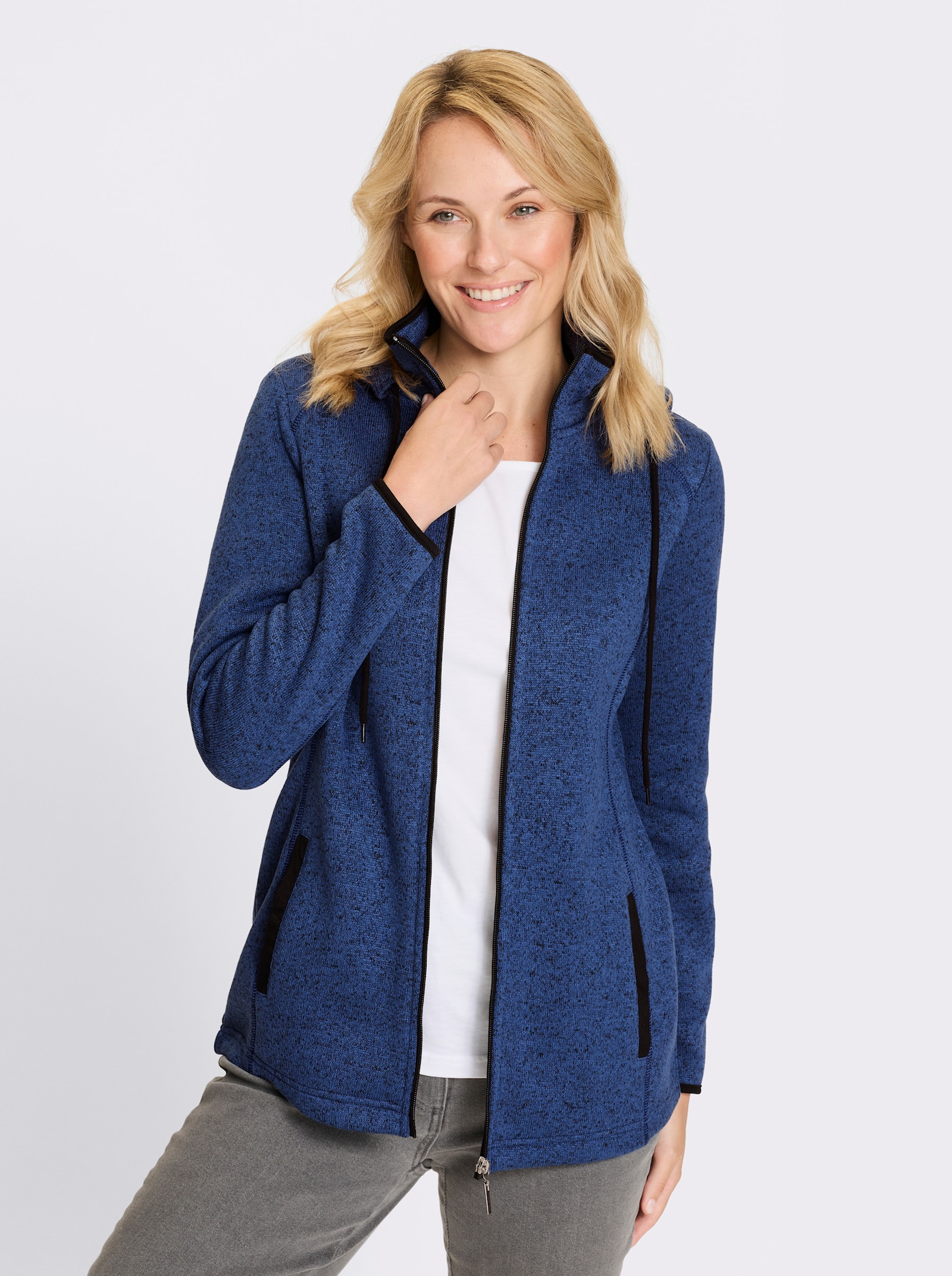 Bunda z fleecového úpletu s kapucí - džínová-černá-melír