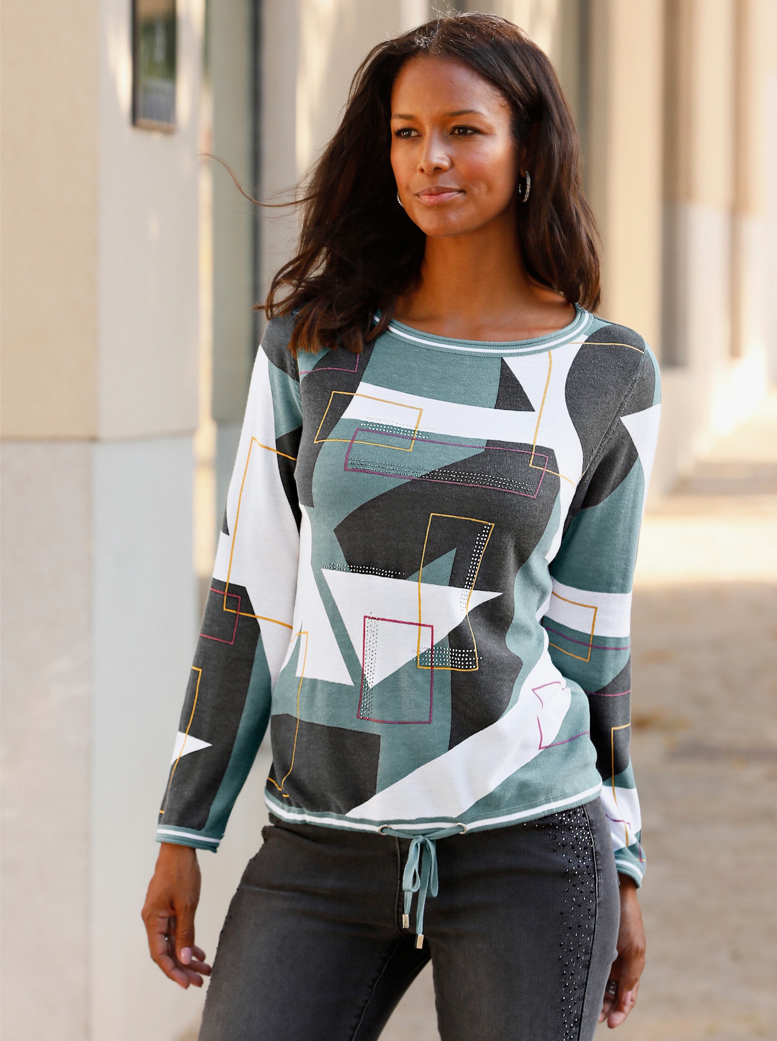 Pullover mit Bindeband am Saum - ecru-graphit-gemustert