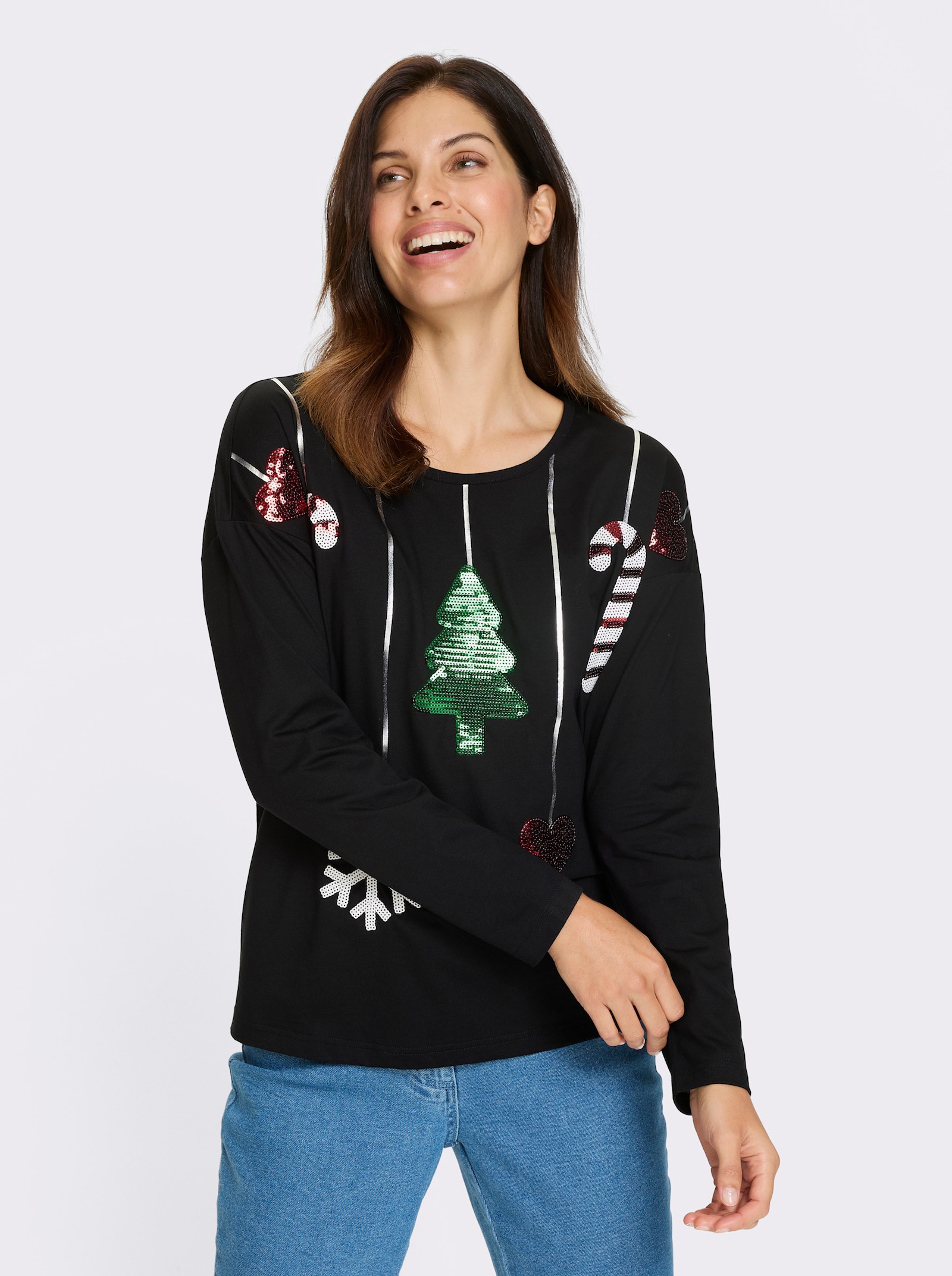 Rundhalsshirt mit Weihnachtsmotiv mit Pailletten - schwarz
